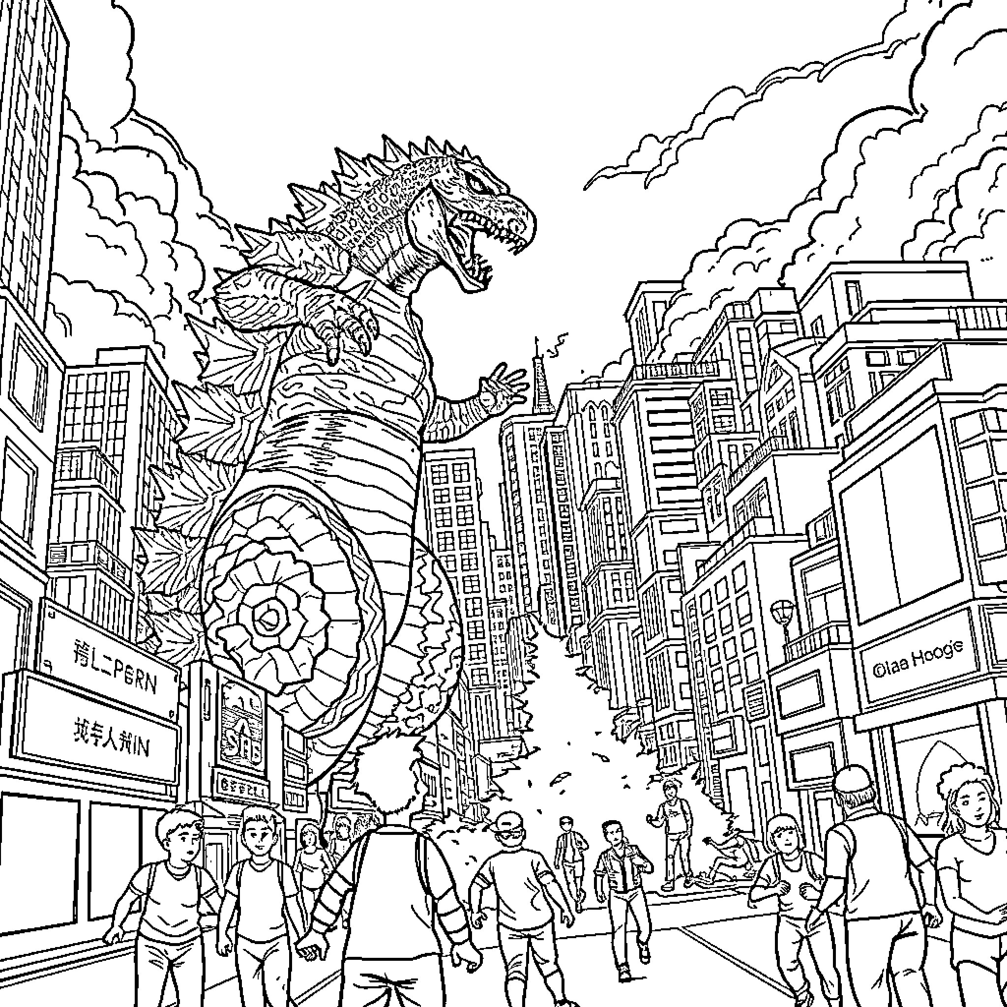 Godzilla Rampaging Through a Bustling City Coloring Page (free black-and-white line drawing printable PDF for all, from beginners to advanced learners, including children, teens, adults, and seniors)