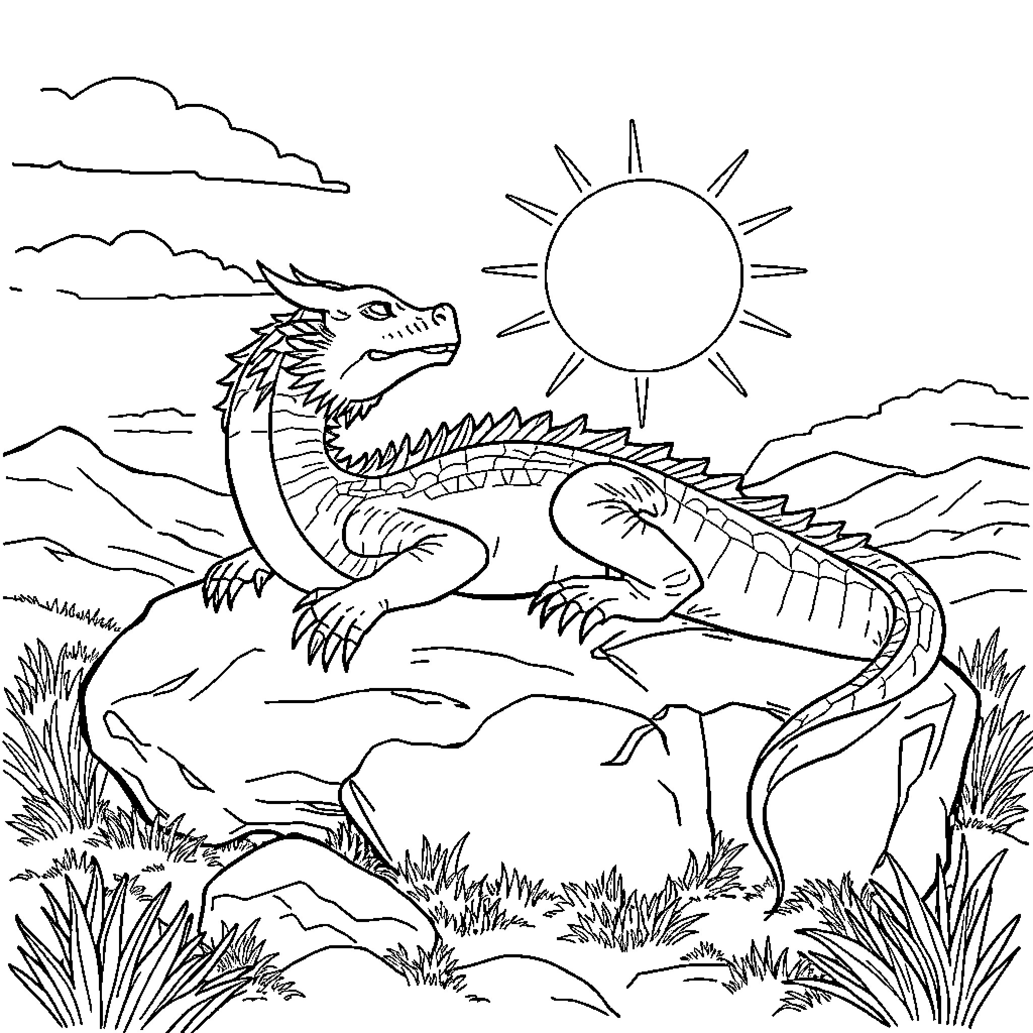Dragon basking in the sun on a rocky landscape Coloring Page (free black-and-white line drawing printable PDF for all, from beginners to advanced learners, including children, teens, adults, and seniors)