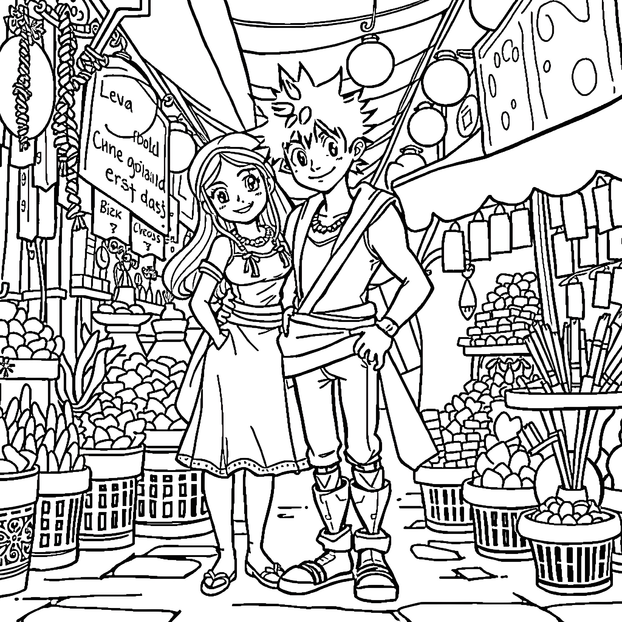 Zoro's Adventure in the Vibrant Marketplace Coloring Page (free black-and-white line drawing printable PDF for all, from beginners to advanced learners, including children, teens, adults, and seniors)