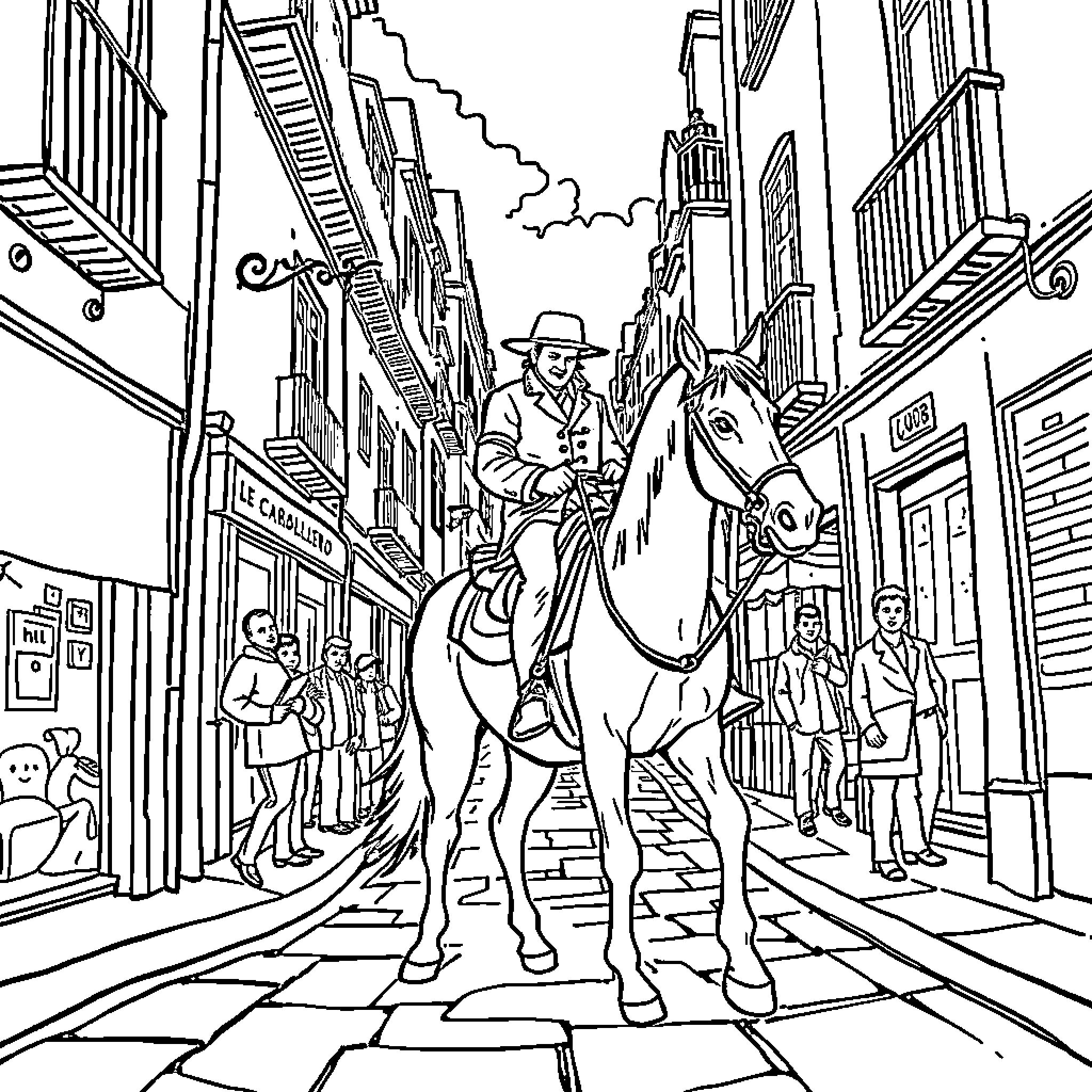 Caballero riding horse through crowded city street Coloring Page (free black-and-white line drawing printable PDF for all, from beginners to advanced learners, including children, teens, adults, and seniors)