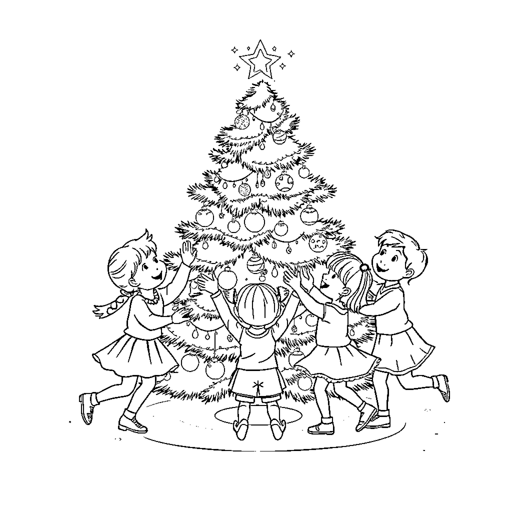 Child decorate Christmas tree with friends Coloring Page (free black-and-white line drawing printable PDF for all, from beginners to advanced learners, including children, teens, adults, and seniors)