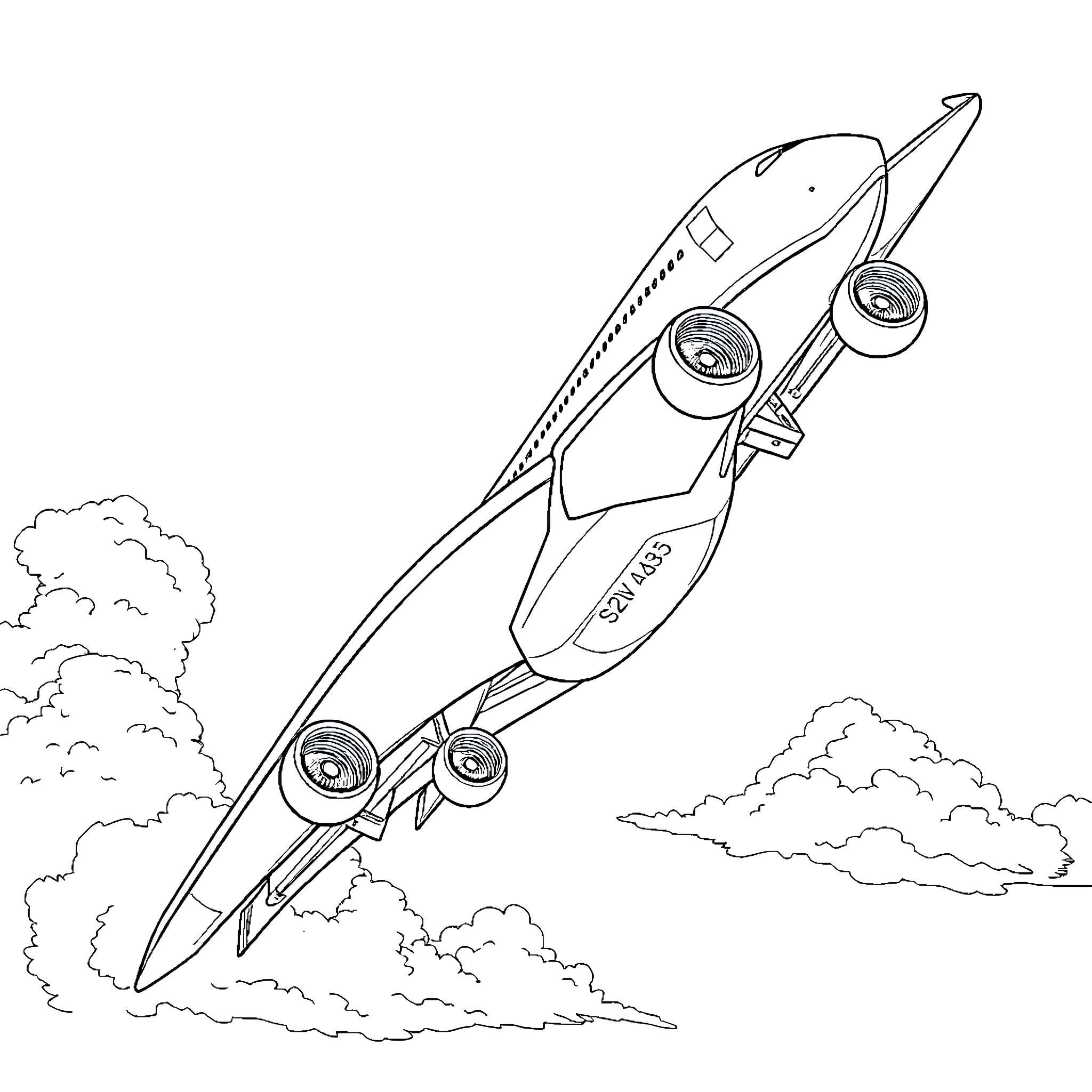 A380 aircraft soaring through the skies Coloring Page (free black-and-white line drawing printable PDF for all, from beginners to advanced learners, including children, teens, adults, and seniors)
