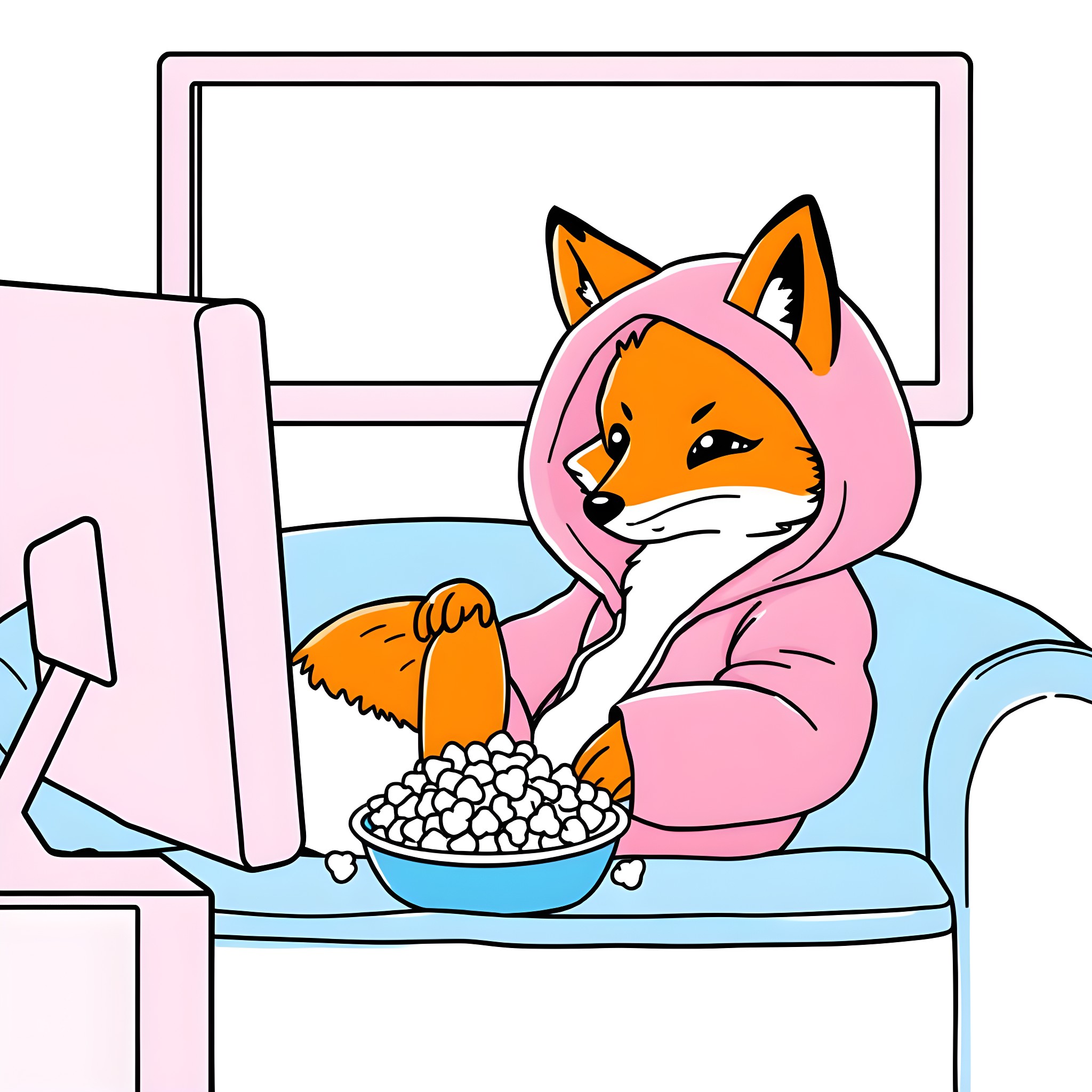 Fox enjoying snacks while playing video games Coloring Page (free black-and-white line drawing printable PDF for all, from beginners to advanced learners, including children, teens, adults, and seniors)