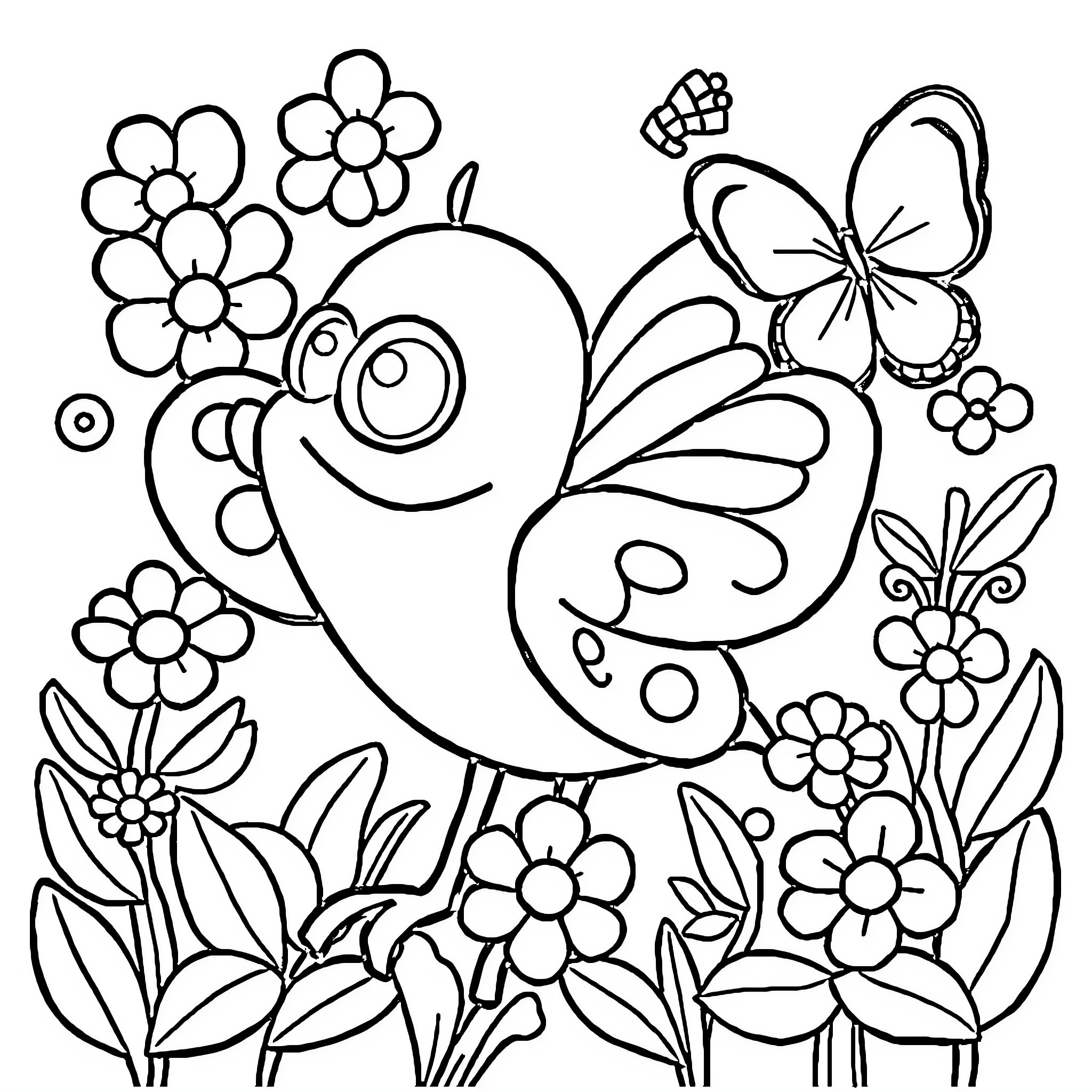 Bluey surrounded by joyful flowers and butterflies Coloring Page (free black-and-white line drawing printable PDF for all, from beginners to advanced learners, including children, teens, adults, and seniors)