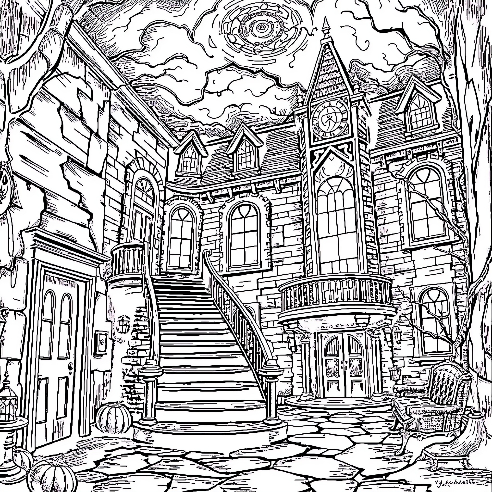 Mineral Spring Hotel: Ornate Victorian Architecture in a Haunting Landscape Coloring Page (free black-and-white line drawing printable PDF for all, from beginners to advanced learners, including children, teens, adults, and seniors)
