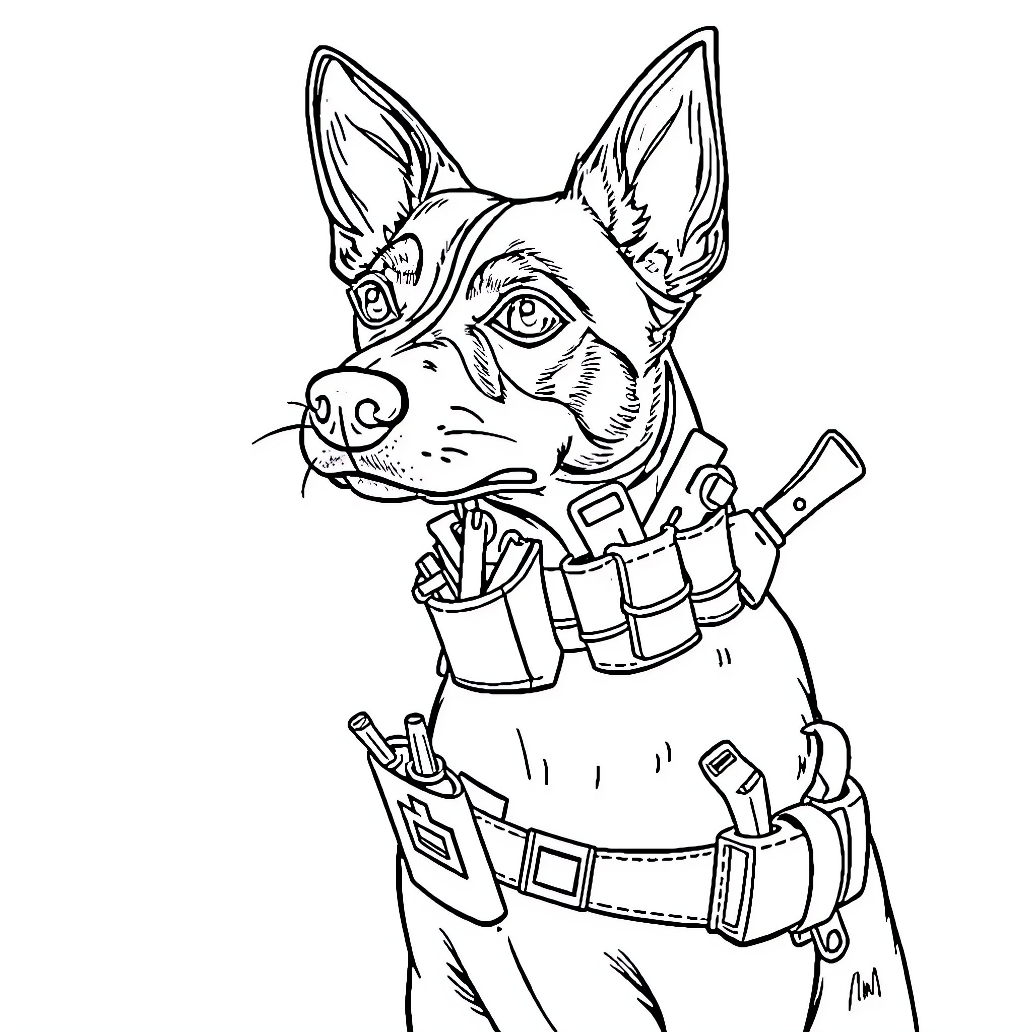 Jack Russell Terrier with utility belt and tools Coloring Page (free black-and-white line drawing printable PDF for all, from beginners to advanced learners, including children, teens, adults, and seniors)
