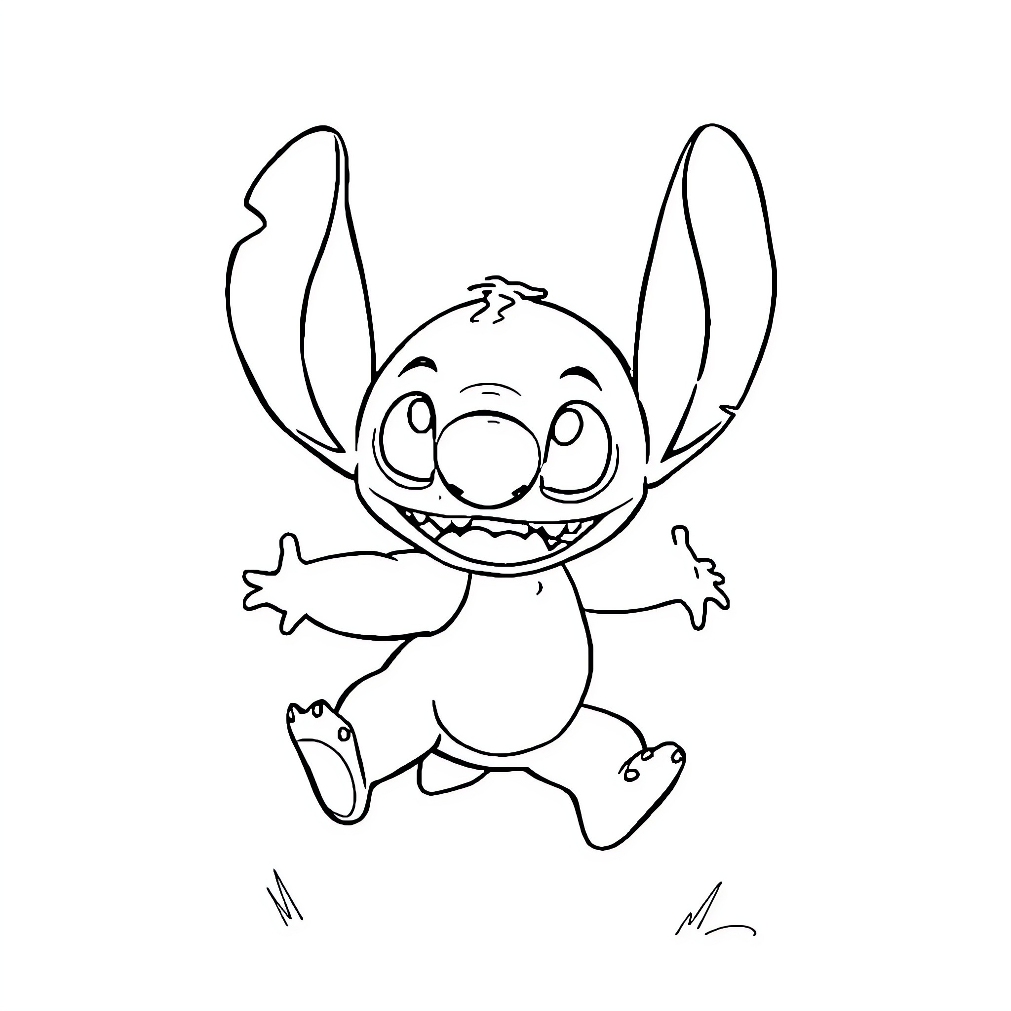 Stitch excitedly leaping in the air Coloring Page (free black-and-white line drawing printable PDF for all, from beginners to advanced learners, including children, teens, adults, and seniors)