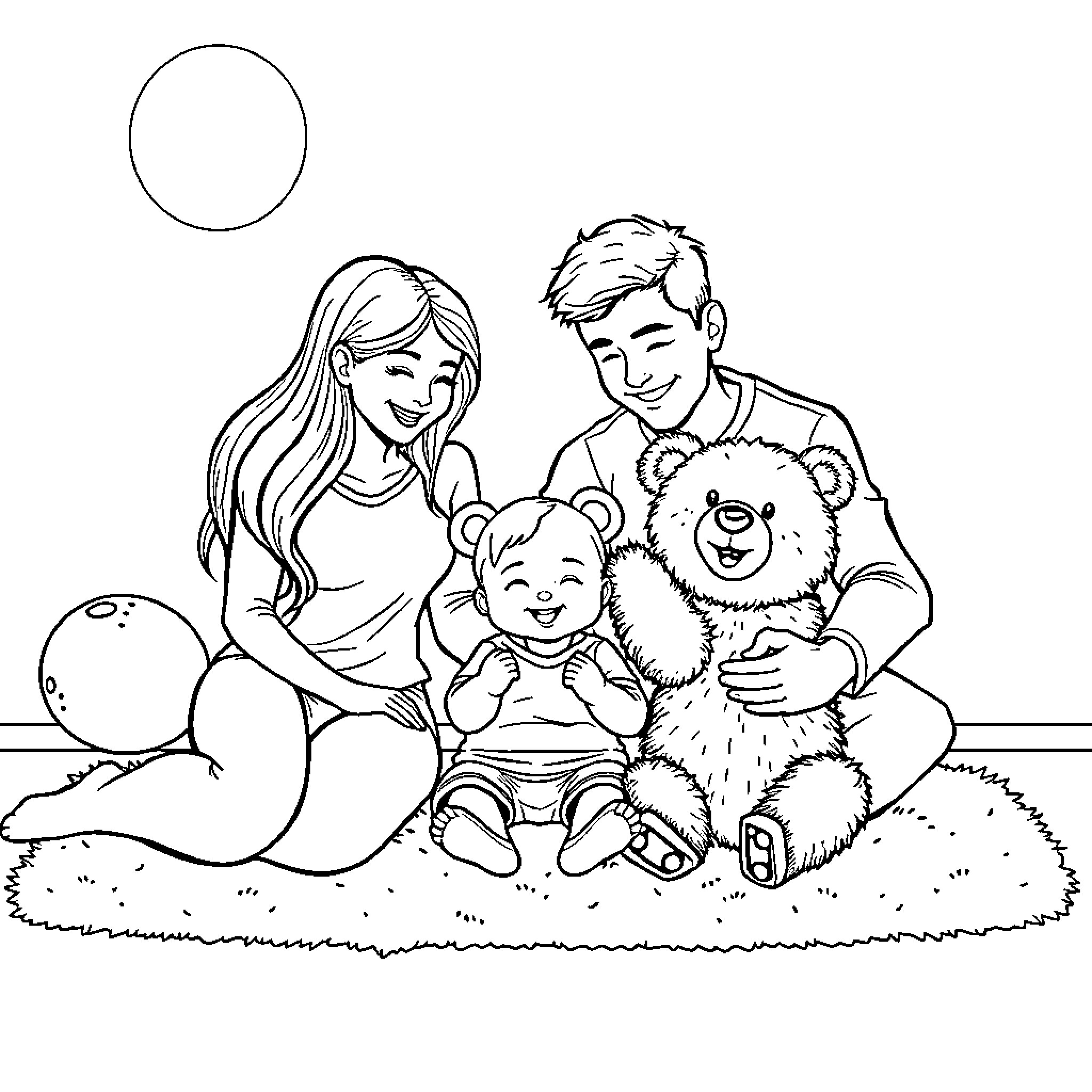 Family enjoying a cozy moment with toys Coloring Page (free black-and-white line drawing printable PDF for all, from beginners to advanced learners, including children, teens, adults, and seniors)