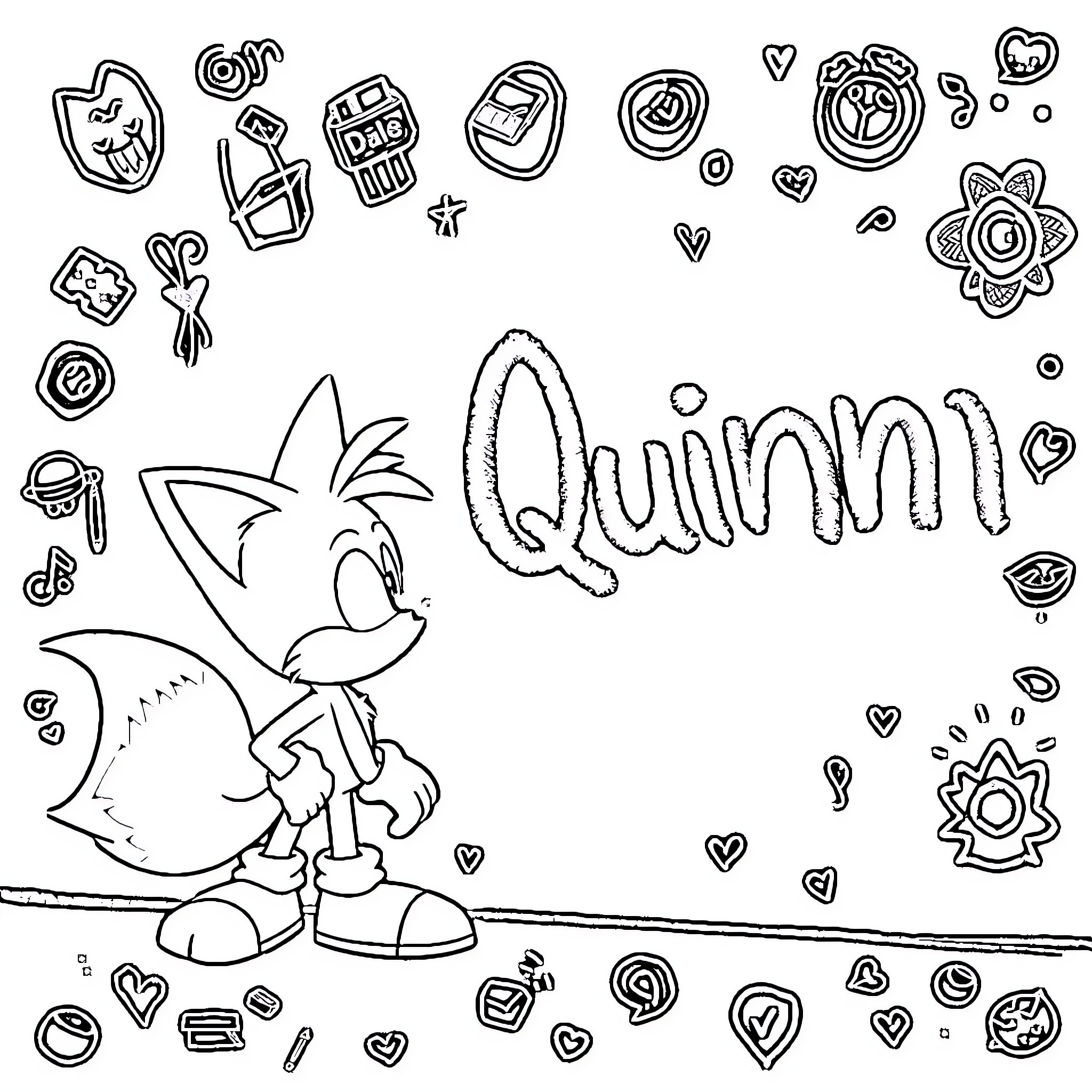 Tails in a doodle-filled scene Coloring Page (free black-and-white line drawing printable PDF for all, from beginners to advanced learners, including children, teens, adults, and seniors)