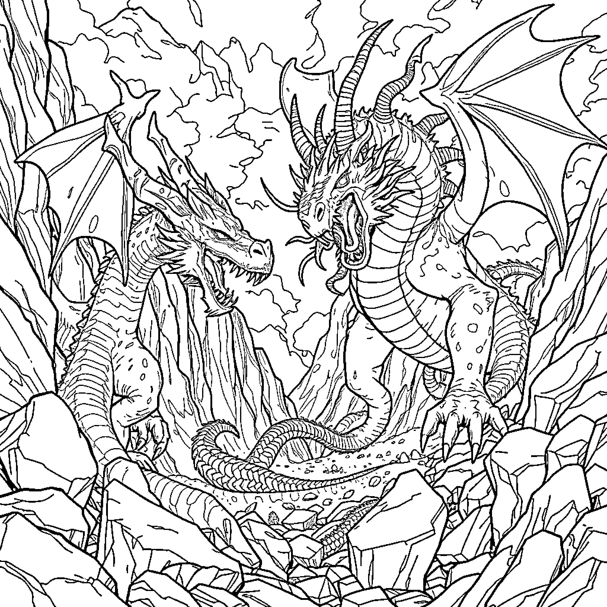 Dragon duo in an intricate fantasy scene Coloring Page (free black-and-white line drawing printable PDF for all, from beginners to advanced learners, including children, teens, adults, and seniors)