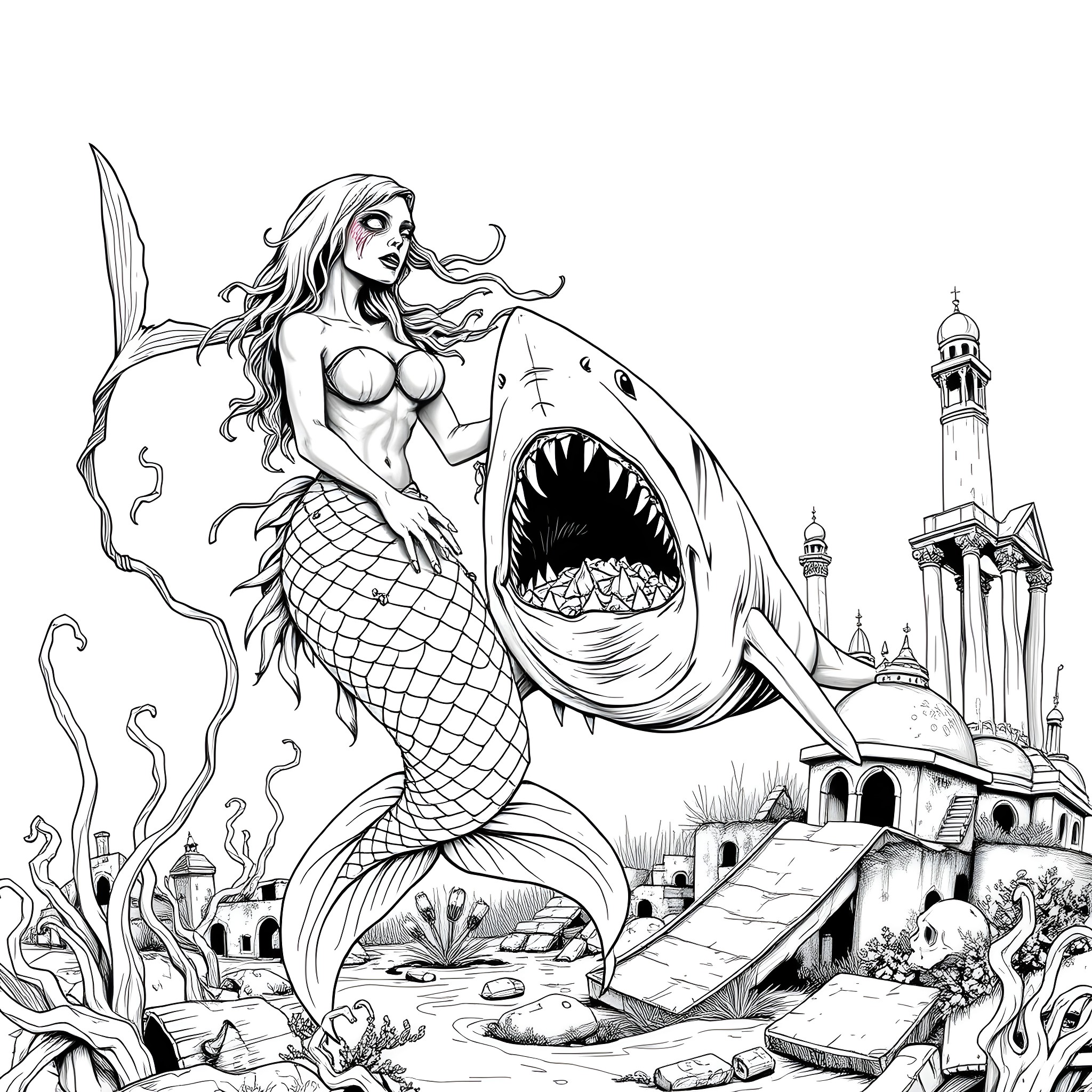 Zombi Mermaid battles a giant shark in a ruined underwater city Coloring Page (free black-and-white line drawing printable PDF for all, from beginners to advanced learners, including children, teens, adults, and seniors)