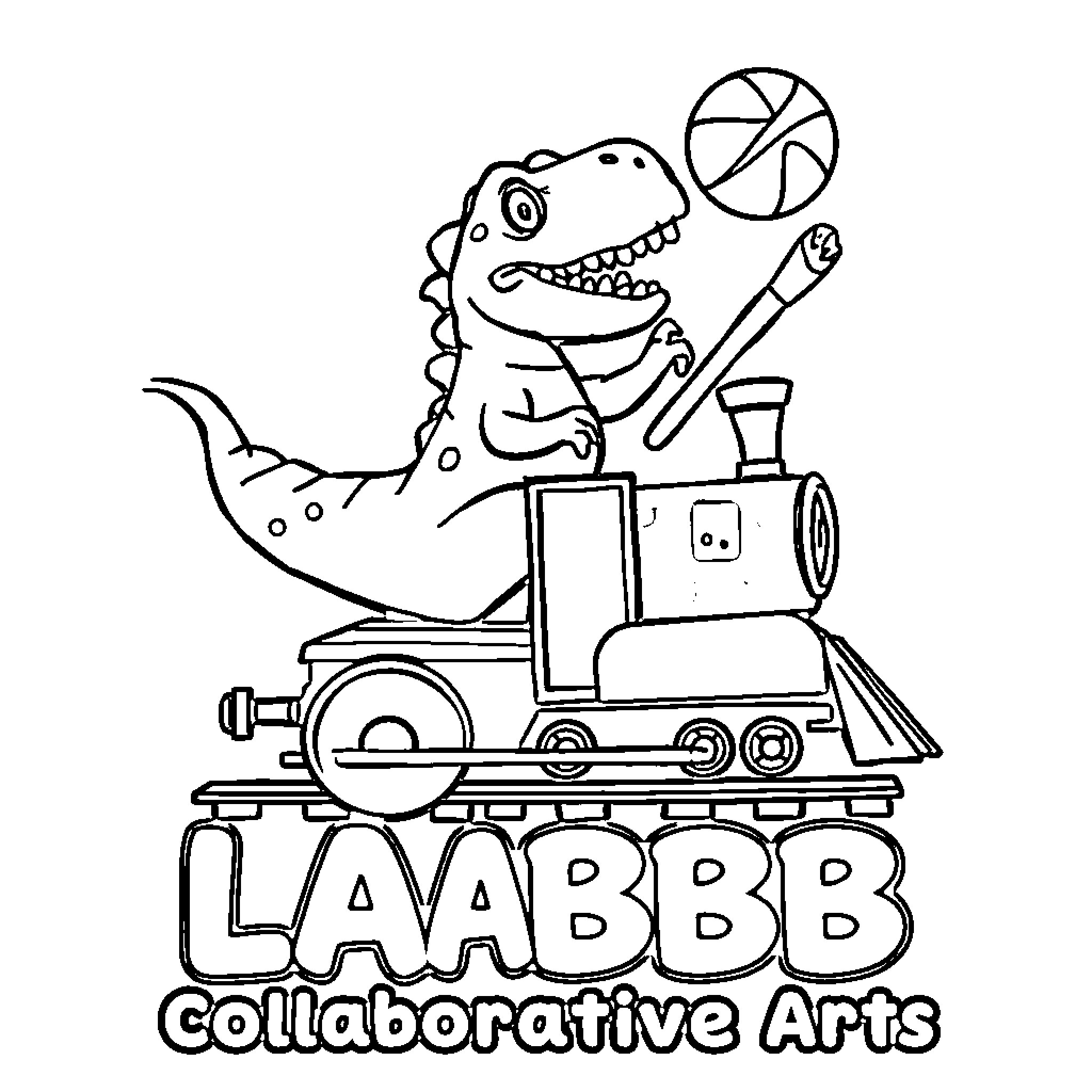 Dinosaur riding on a locomotive train Coloring Page (free black-and-white line drawing printable PDF for all, from beginners to advanced learners, including children, teens, adults, and seniors)