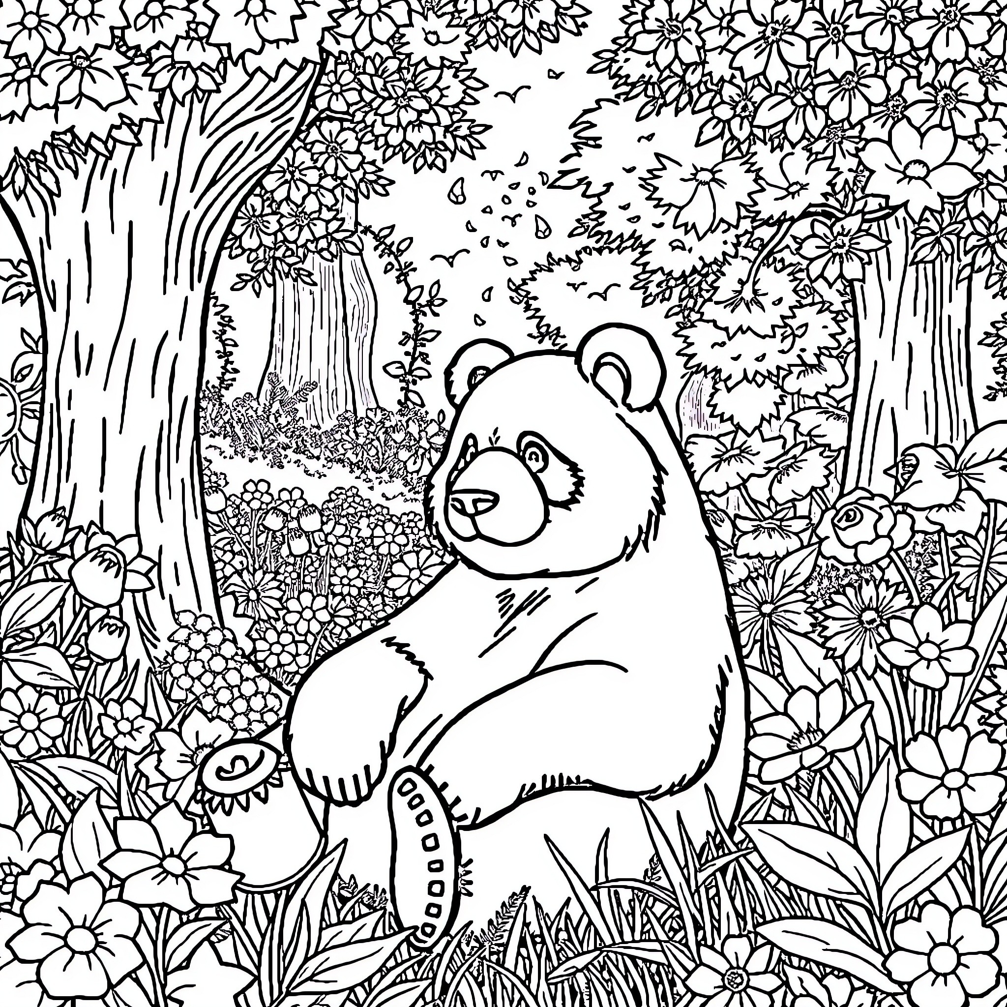 Panda relaxing in the lush forest Coloring Page (free black-and-white line drawing printable PDF for all, from beginners to advanced learners, including children, teens, adults, and seniors)
