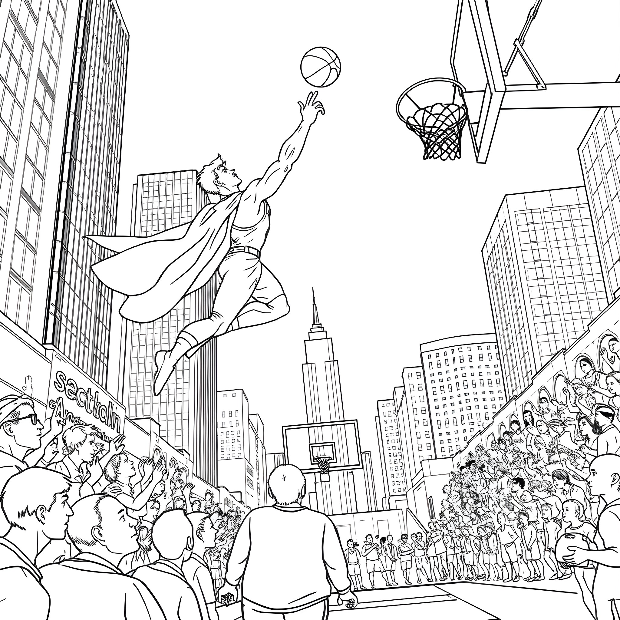 Superman making a slam dunk in front of a cheering crowd Coloring Page (free black-and-white line drawing printable PDF for all, from beginners to advanced learners, including children, teens, adults, and seniors)