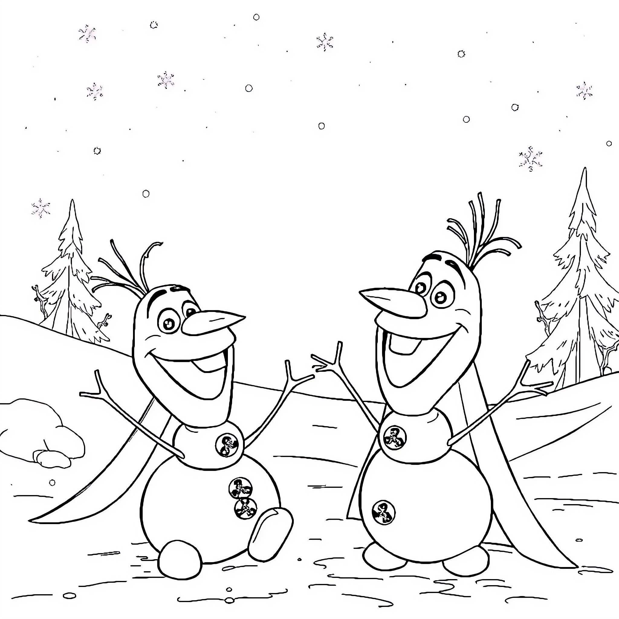 Elsa's Snowy Adventure with Olaf and Snowman Coloring Page (free black-and-white line drawing printable PDF for all, from beginners to advanced learners, including children, teens, adults, and seniors)