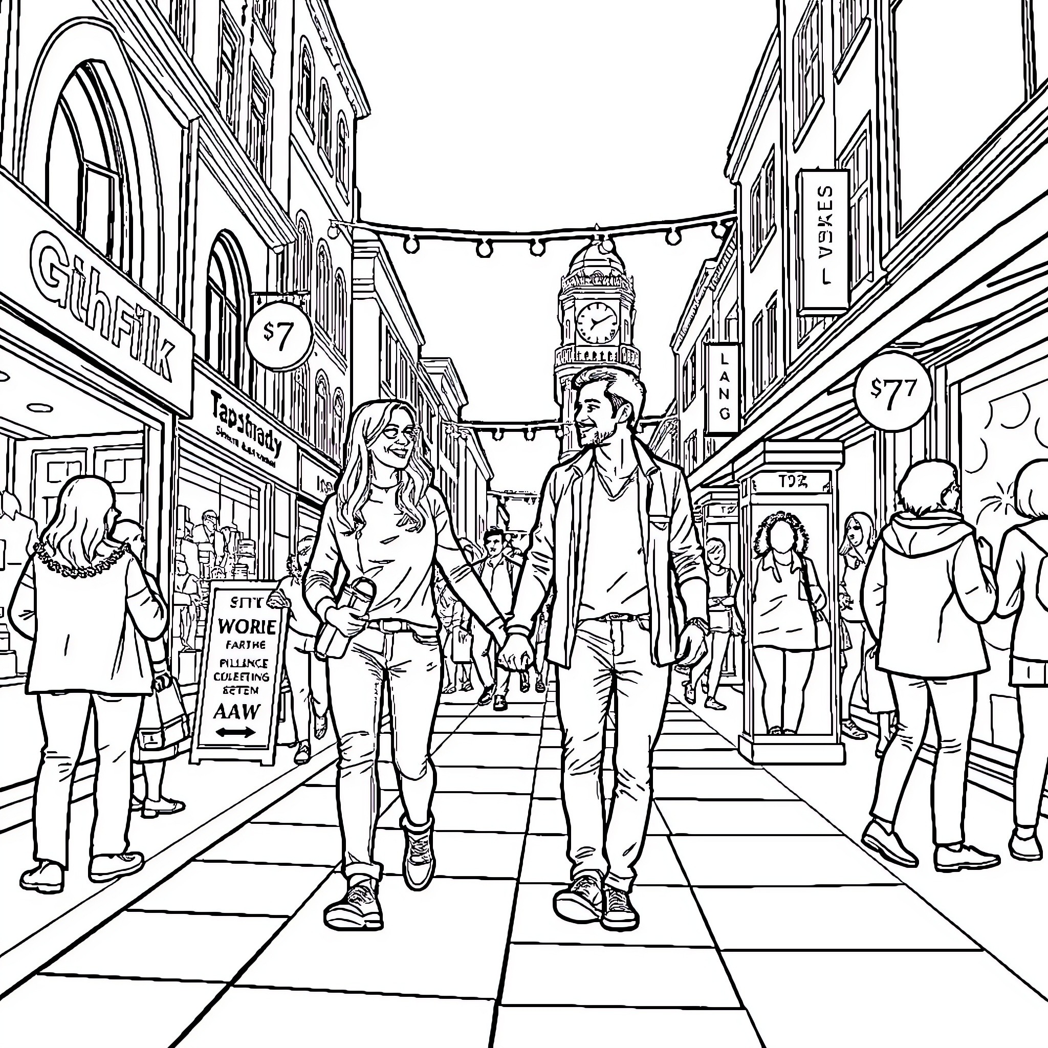 Couple strolling through a lively city street Coloring Page (free black-and-white line drawing printable PDF for all, from beginners to advanced learners, including children, teens, adults, and seniors)