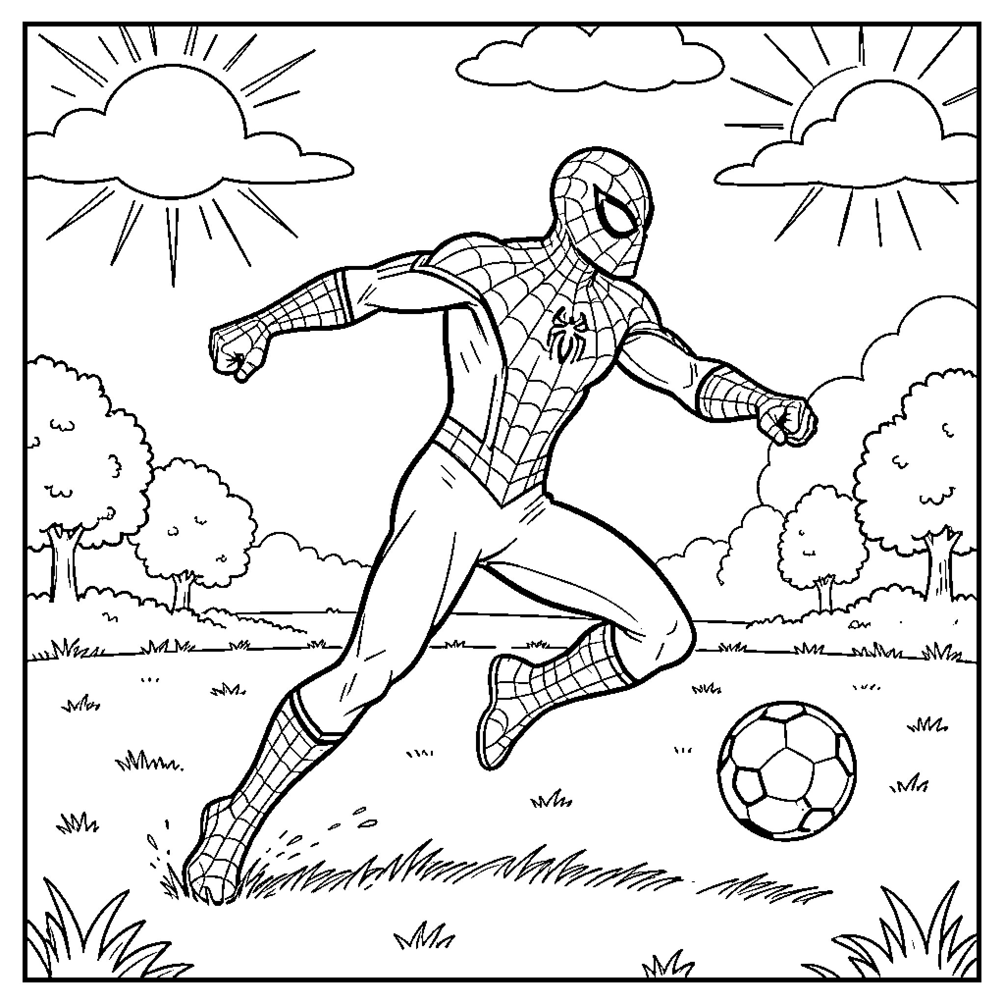 Spiderman playing soccer in a sunny park Coloring Page (free black-and-white line drawing printable PDF for all, from beginners to advanced learners, including children, teens, adults, and seniors)