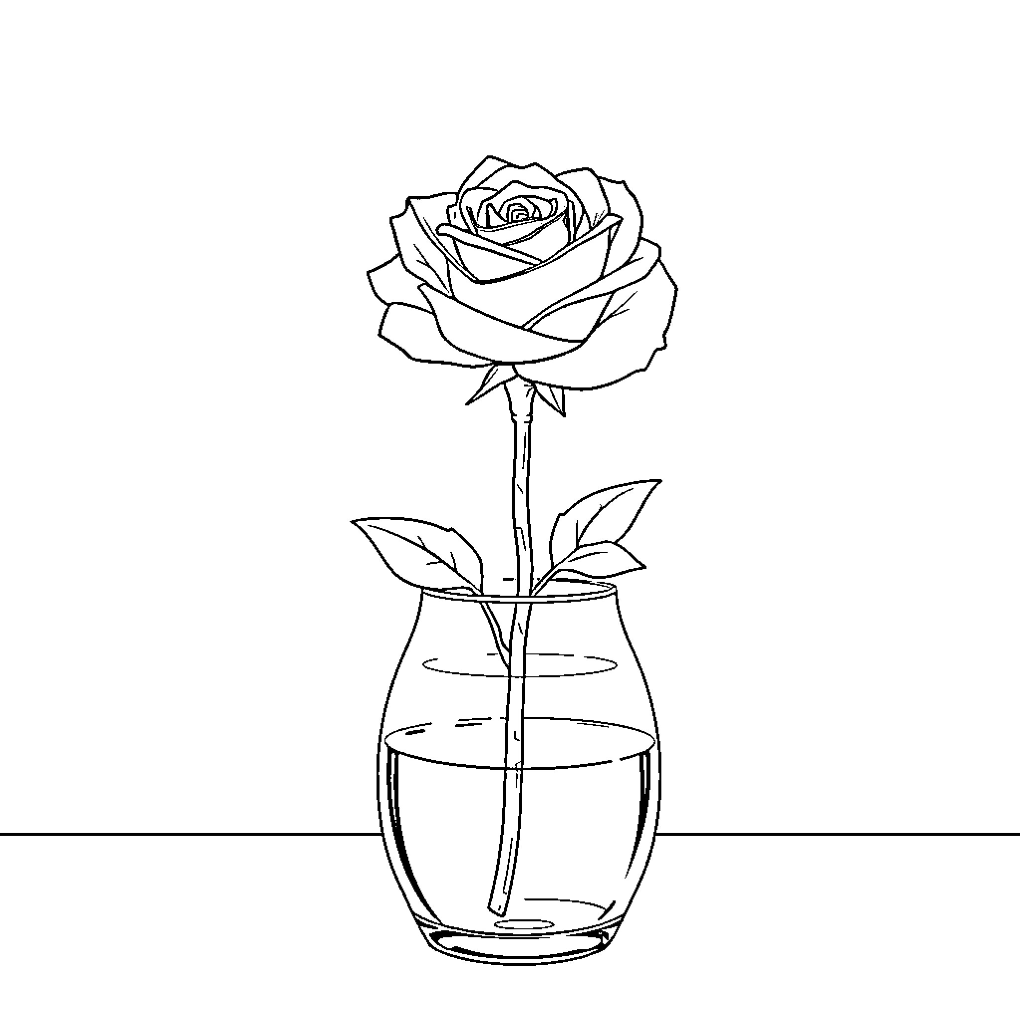Rose in a Delicate Glass Vase Coloring Page (free black-and-white line drawing printable PDF for all, from beginners to advanced learners, including children, teens, adults, and seniors)