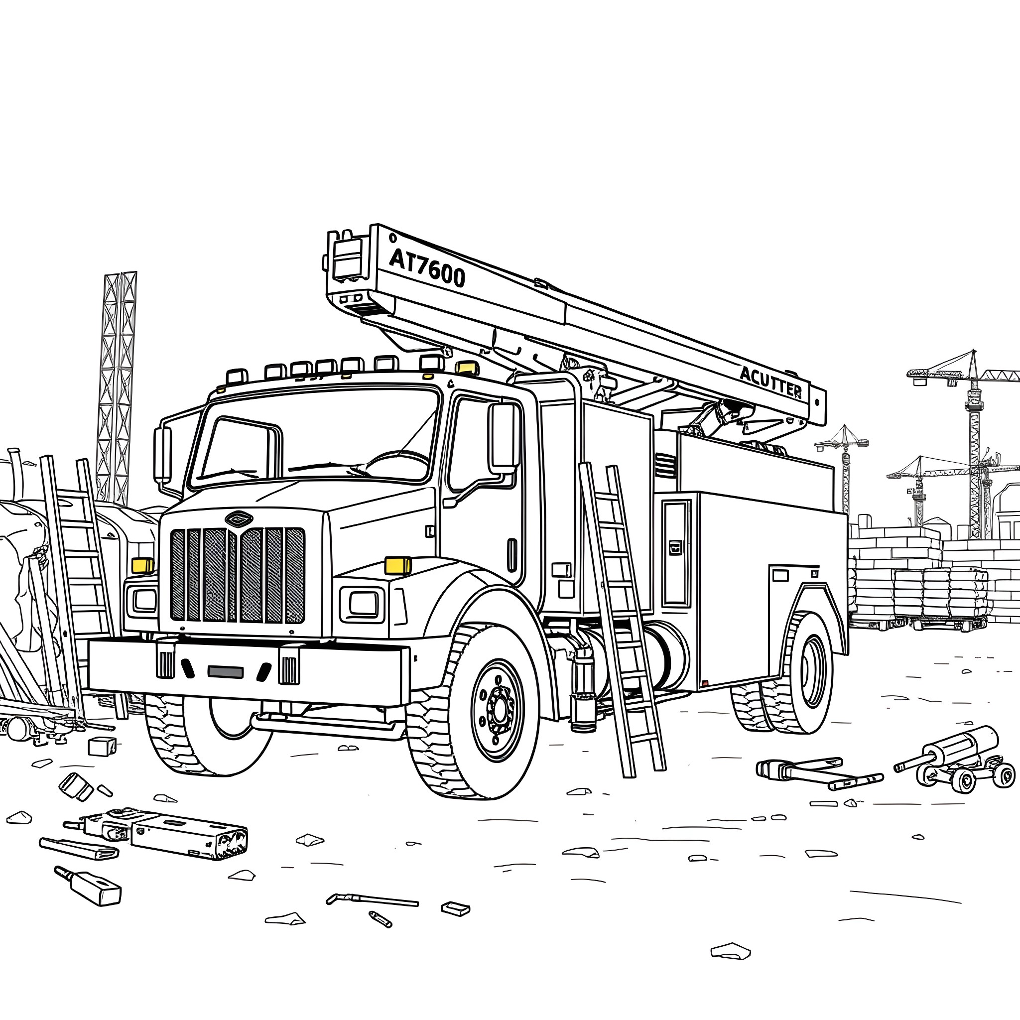 Truck with crane at construction site Coloring Page (free black-and-white line drawing printable PDF for all, from beginners to advanced learners, including children, teens, adults, and seniors)