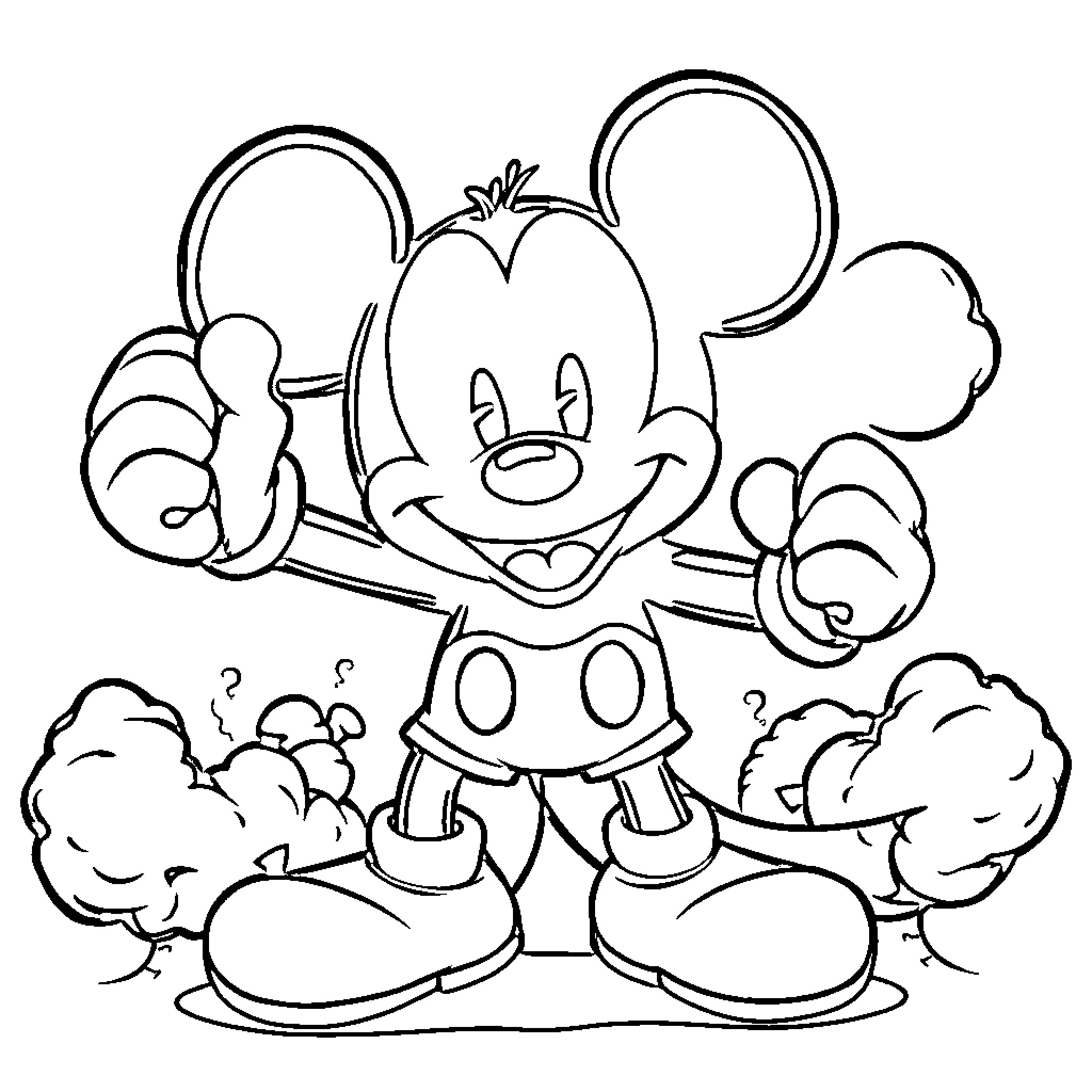 Mickey Mouse in playful pose with clouds Coloring Page (free black-and-white line drawing printable PDF for all, from beginners to advanced learners, including children, teens, adults, and seniors)