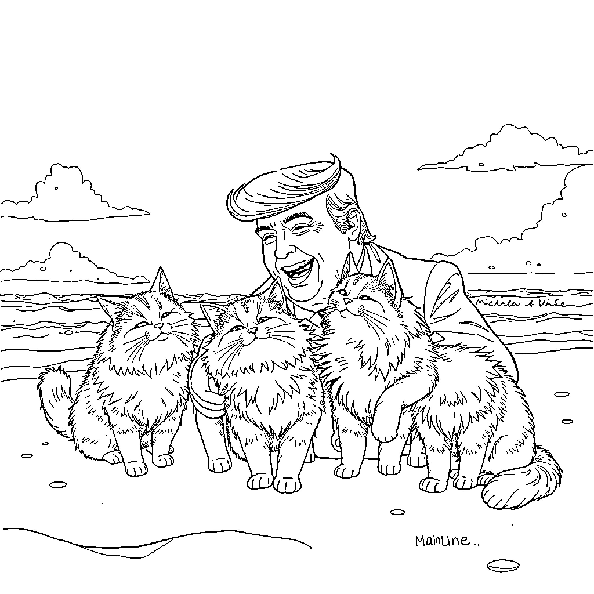 Donald Trump Surrounded by Friendly Cats on the Beach Coloring Page (free black-and-white line drawing printable PDF for all, from beginners to advanced learners, including children, teens, adults, and seniors)
