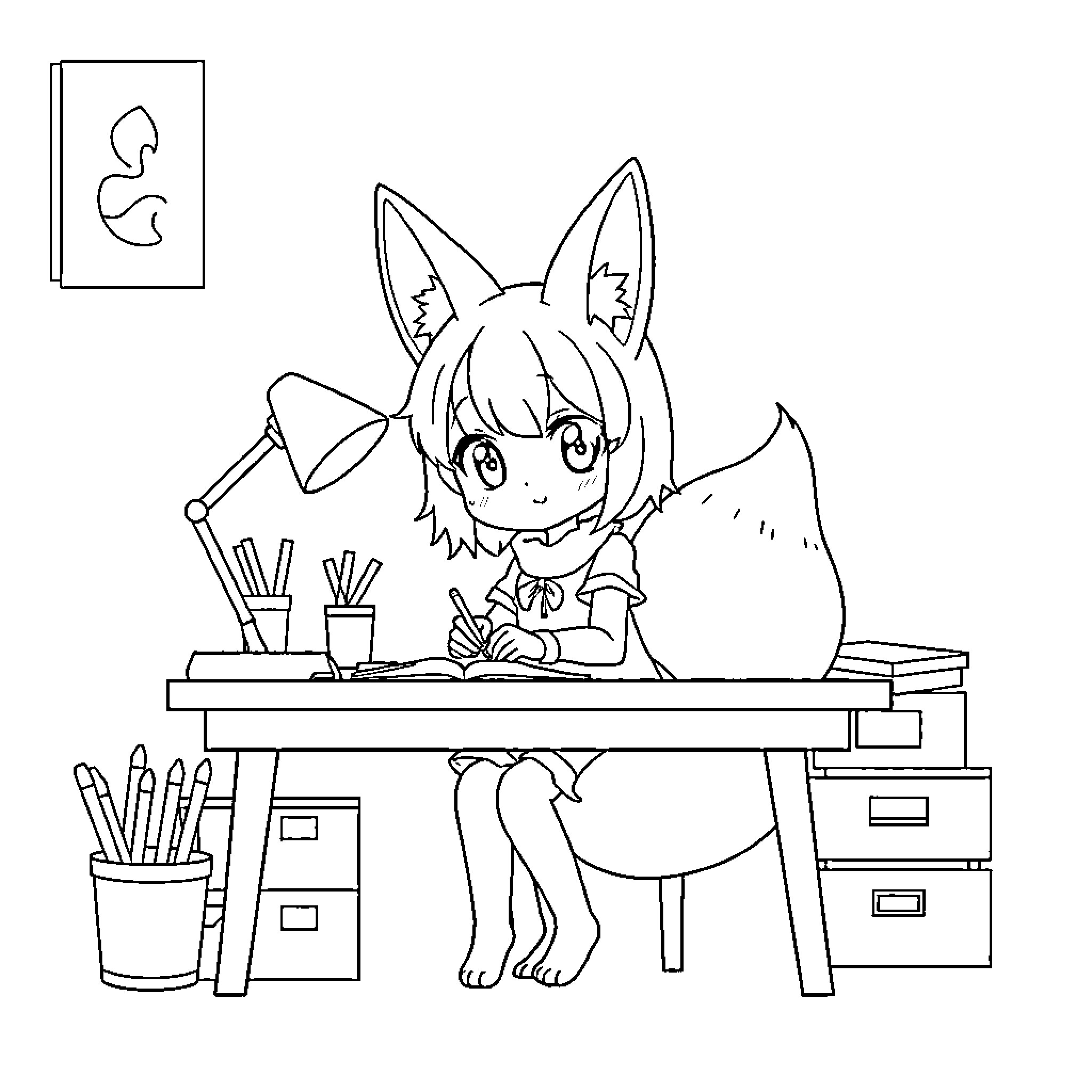 Fox-eared character studying at a desk Coloring Page (free black-and-white line drawing printable PDF for all, from beginners to advanced learners, including children, teens, adults, and seniors)