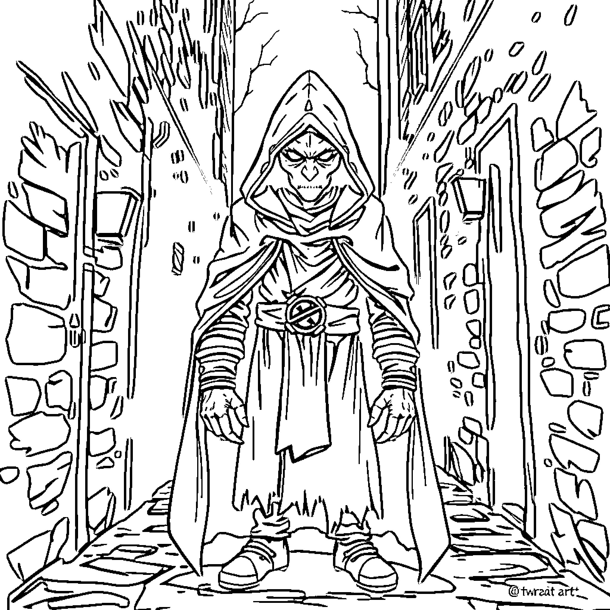 Hintrix: Mysterious Hooded Figure in Enchanted Forest Coloring Page (free black-and-white line drawing printable PDF for all, from beginners to advanced learners, including children, teens, adults, and seniors)