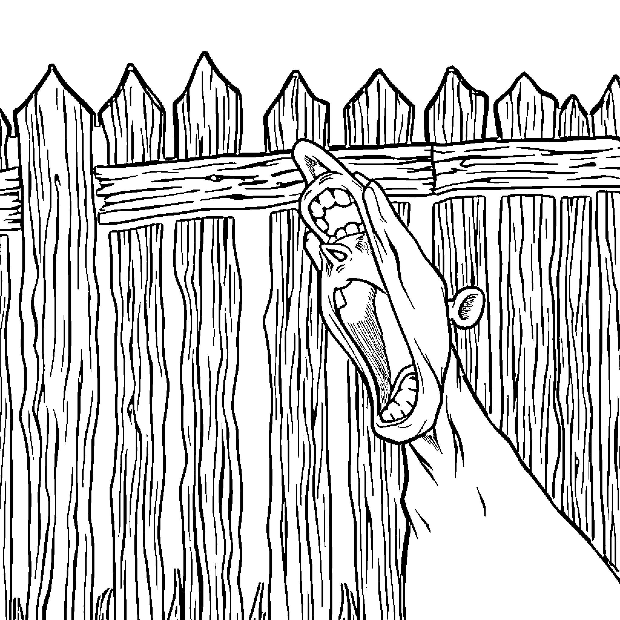 Scream of terror behind the wooden fence Coloring Page (free black-and-white line drawing printable PDF for all, from beginners to advanced learners, including children, teens, adults, and seniors)