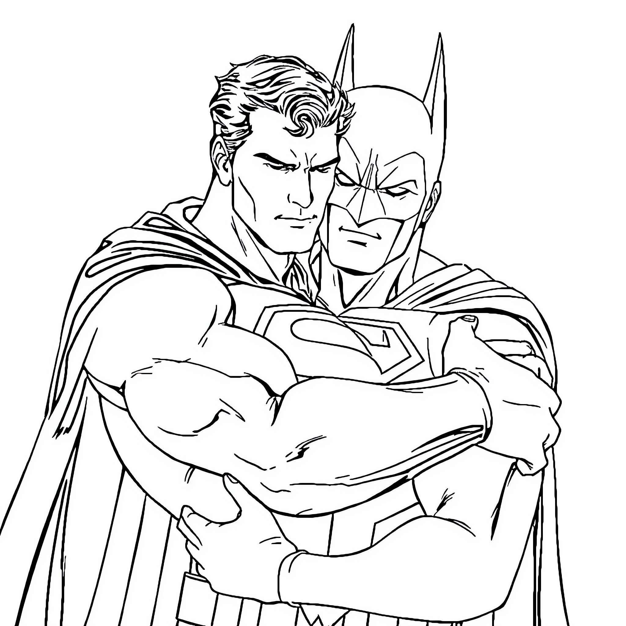 Superman and Batman standing heroically together Coloring Page (free black-and-white line drawing printable PDF for all, from beginners to advanced learners, including children, teens, adults, and seniors)