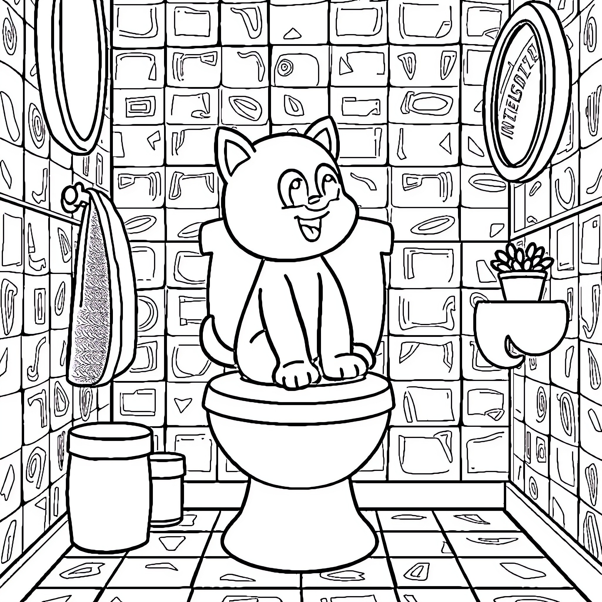 Bluey's Bathroom Adventure Coloring Page (free black-and-white line drawing printable PDF for all, from beginners to advanced learners, including children, teens, adults, and seniors)