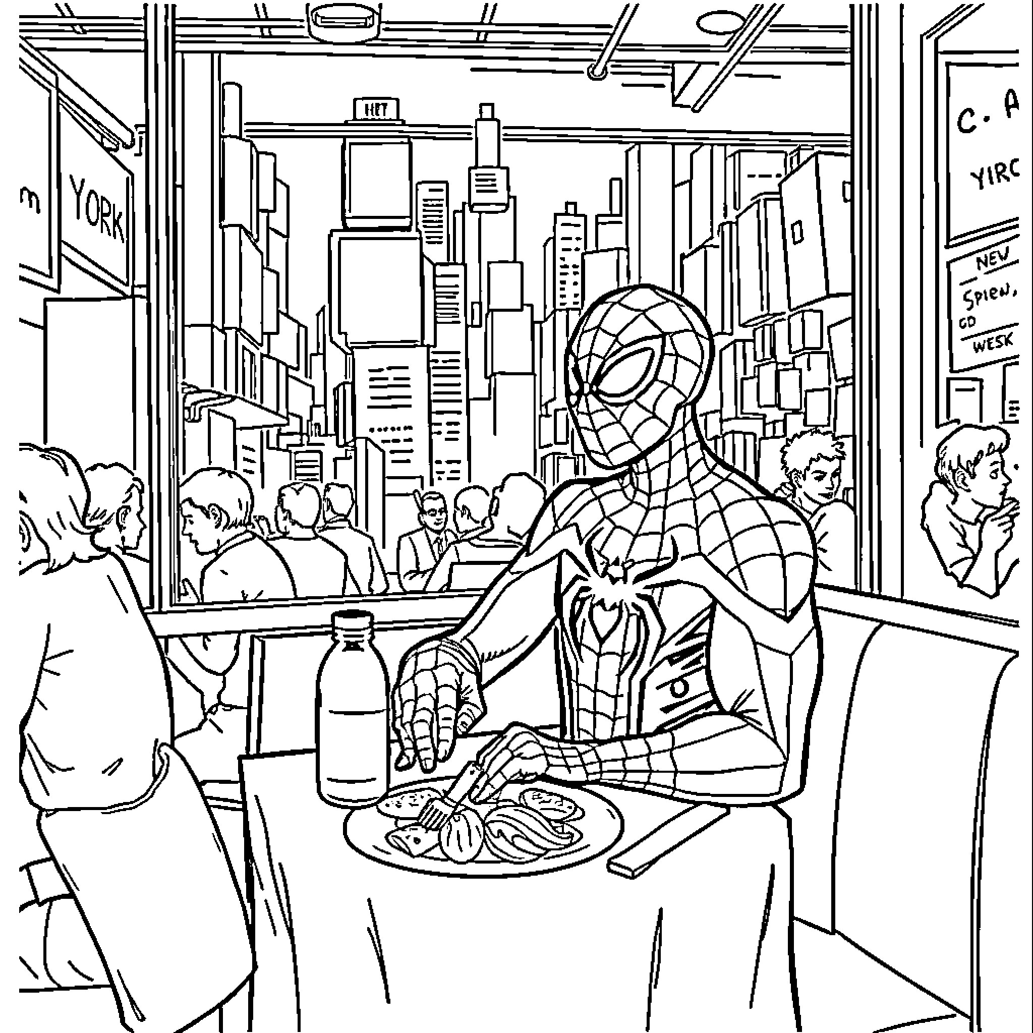 Spiderman enjoying a meal in the bustling city Coloring Page (free black-and-white line drawing printable PDF for all, from beginners to advanced learners, including children, teens, adults, and seniors)