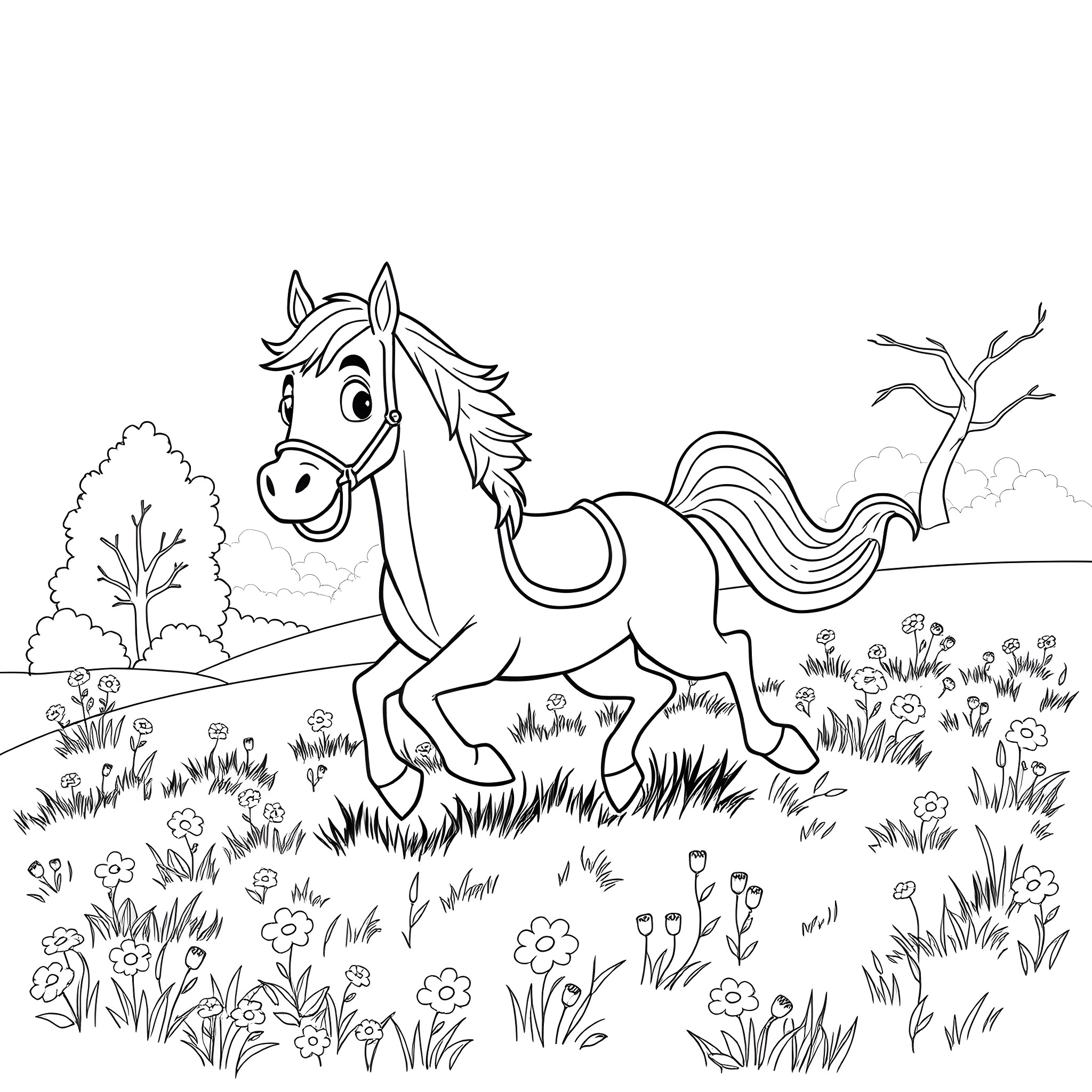 Labubu the playful horse in the meadow Coloring Page (free black-and-white line drawing printable PDF for all, from beginners to advanced learners, including children, teens, adults, and seniors)