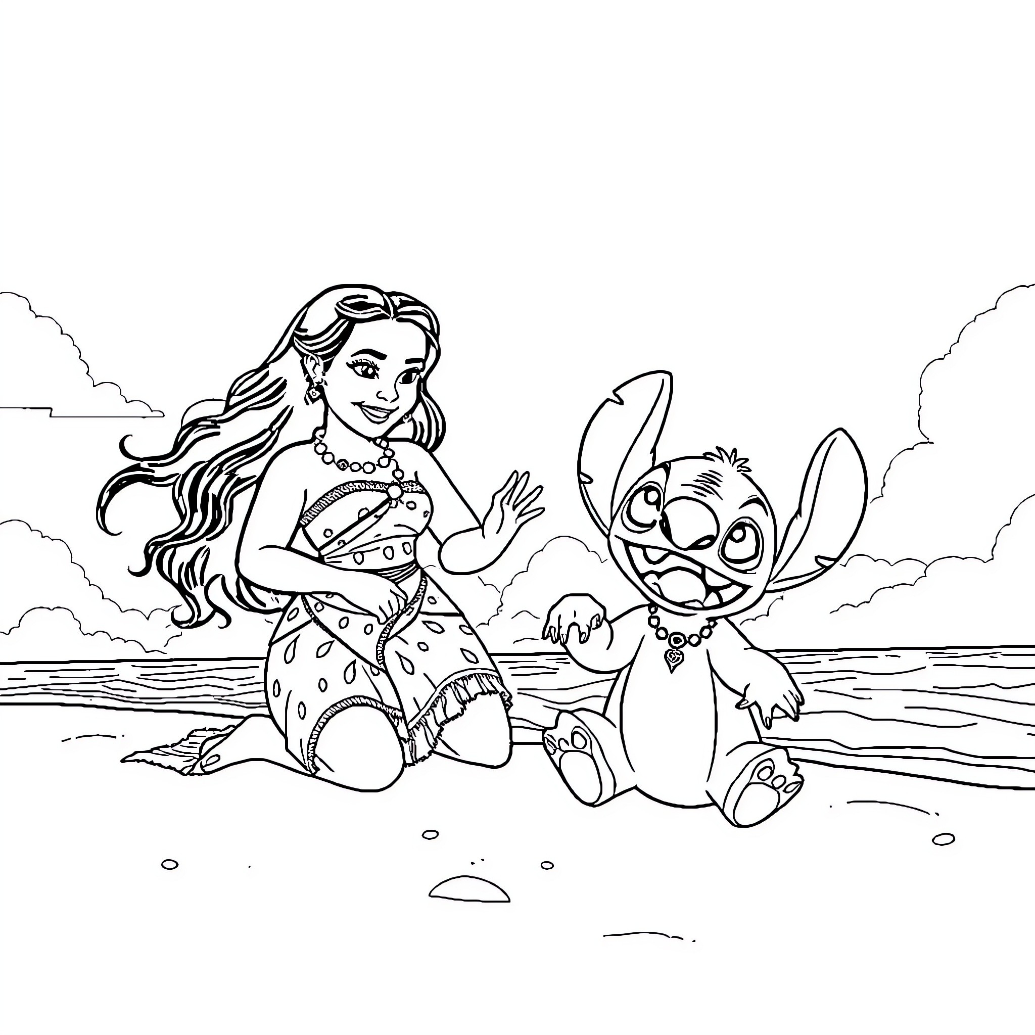 Moana and Stitch enjoying the beach Coloring Page (free black-and-white line drawing printable PDF for all, from beginners to advanced learners, including children, teens, adults, and seniors)
