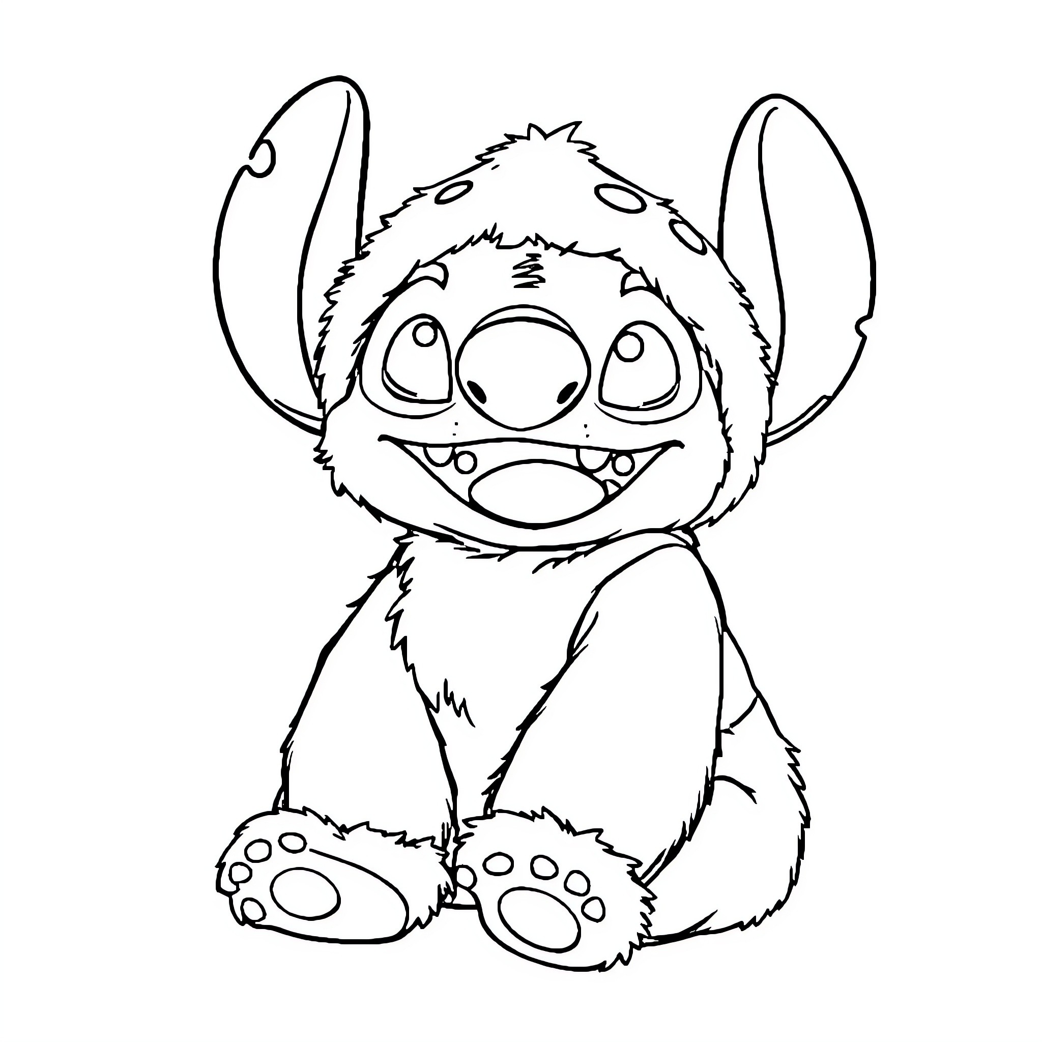 Stitch sitting and smiling happily Coloring Page (free black-and-white line drawing printable PDF for all, from beginners to advanced learners, including children, teens, adults, and seniors)