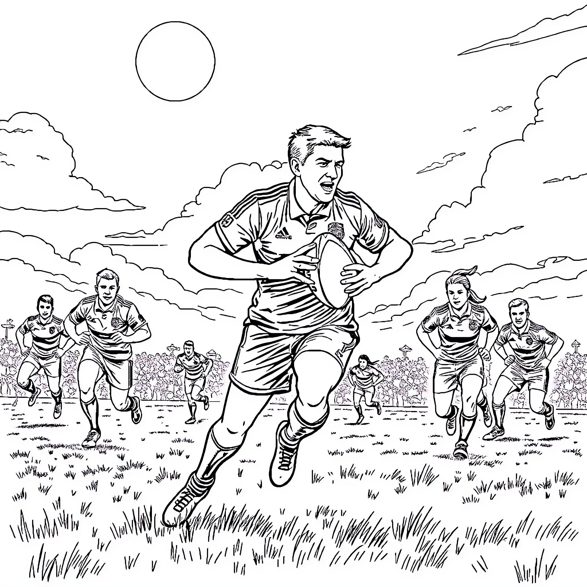 Marine Le Pen leading rugby players in field Coloring Page (free black-and-white line drawing printable PDF for all, from beginners to advanced learners, including children, teens, adults, and seniors)