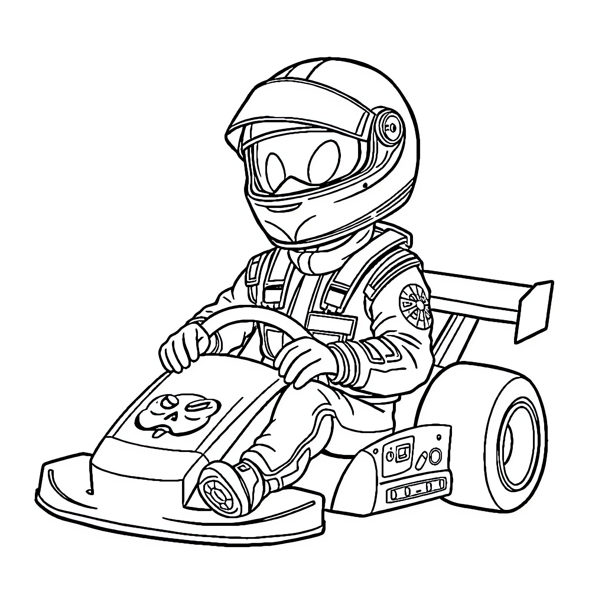 Racecar Driver Operating Kart with Enthusiasm Coloring Page (free black-and-white line drawing printable PDF for all, from beginners to advanced learners, including children, teens, adults, and seniors)