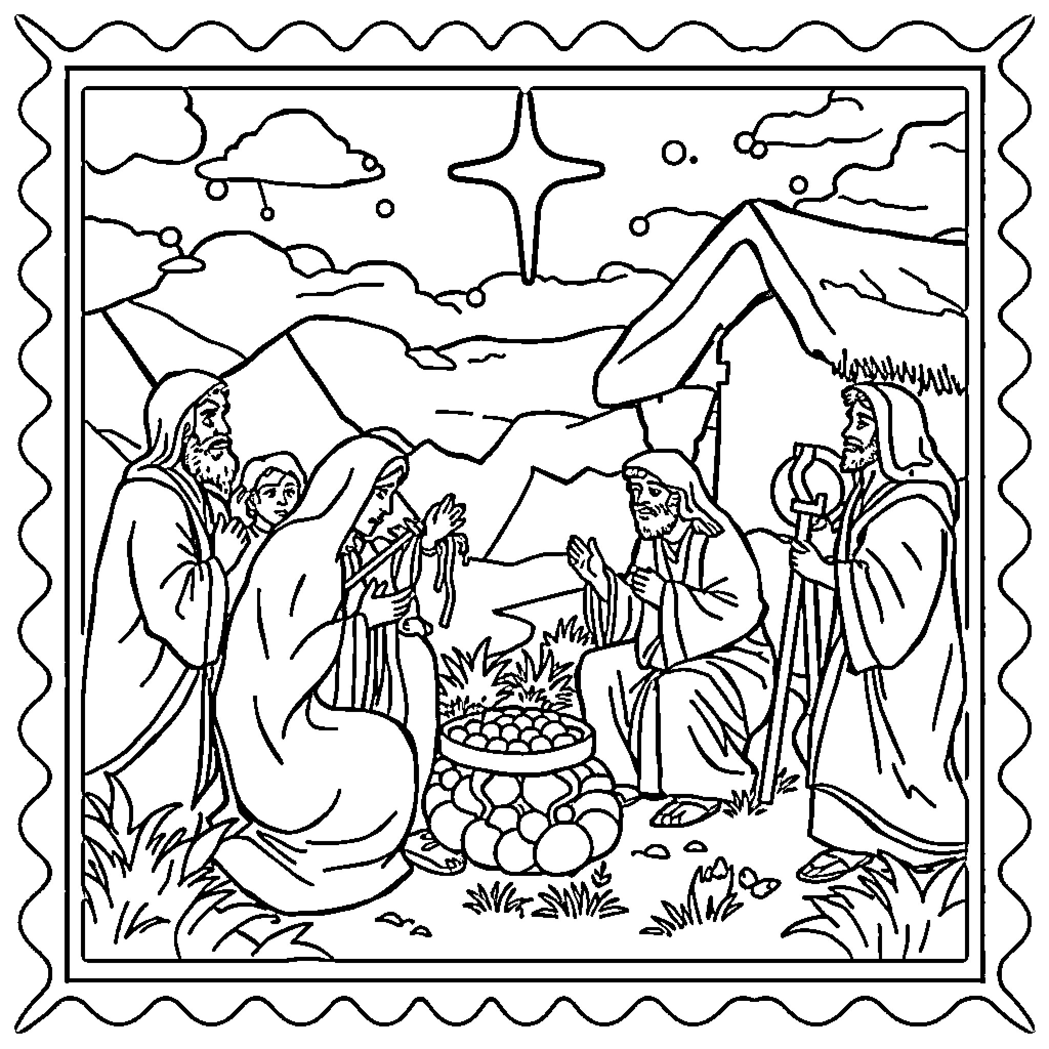 Biblical Scene of Religious Figures in Nature Coloring Page (free black-and-white line drawing printable PDF for all, from beginners to advanced learners, including children, teens, adults, and seniors)