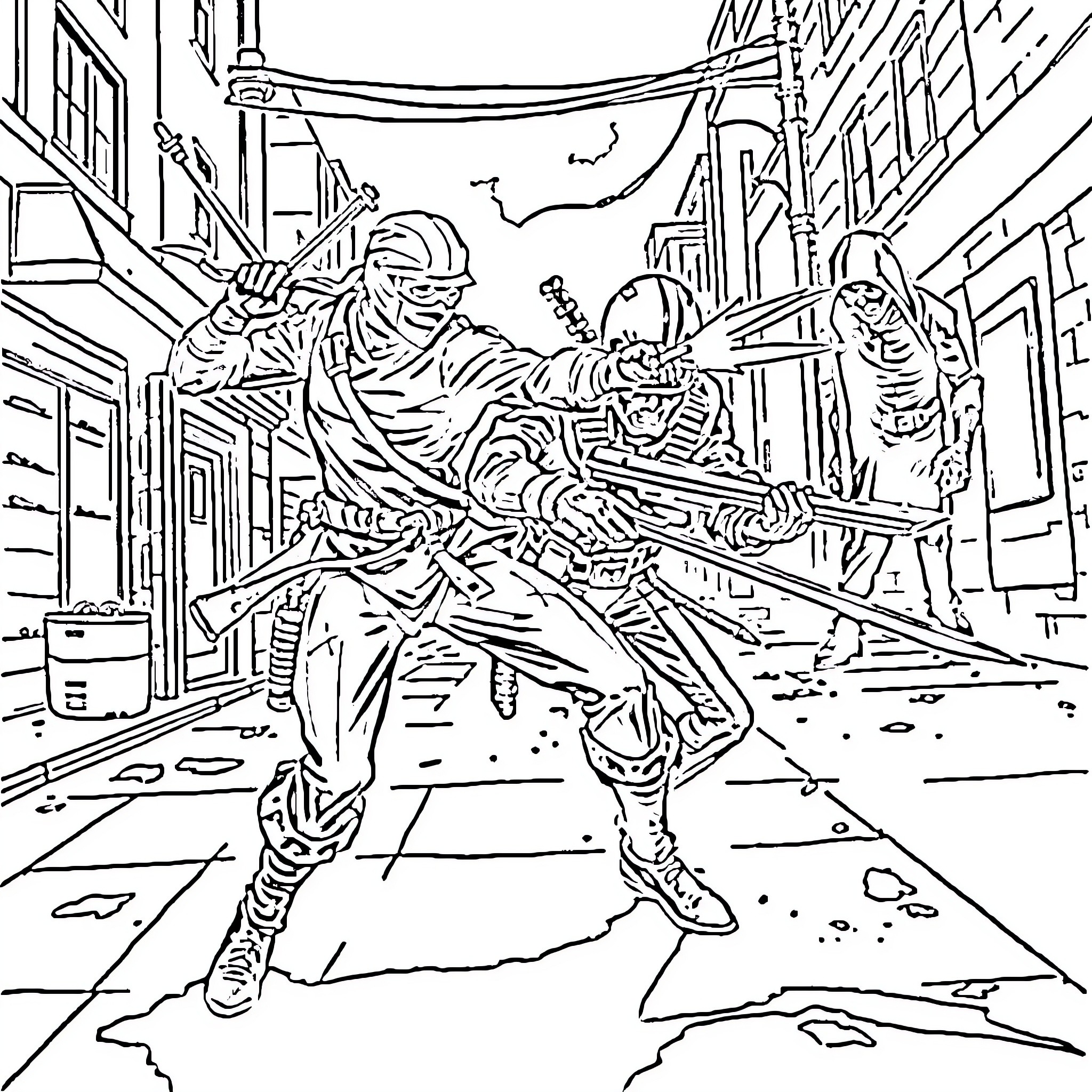 Ninja Warriors Clash in Gritty Urban Setting Coloring Page (free black-and-white line drawing printable PDF for all, from beginners to advanced learners, including children, teens, adults, and seniors)