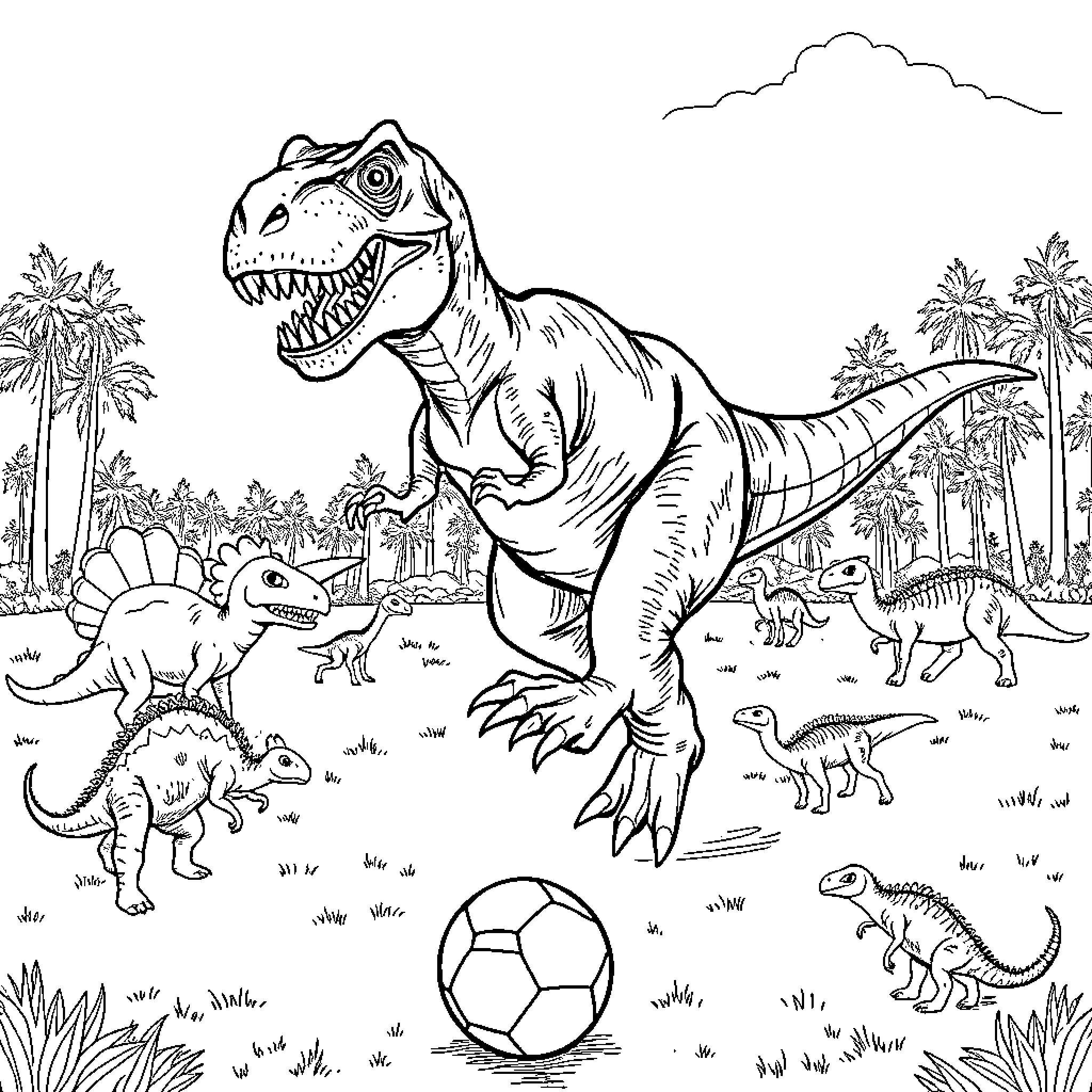 T-Rex Roaming Dinosaur Wonderland Coloring Page (free black-and-white line drawing printable PDF for all, from beginners to advanced learners, including children, teens, adults, and seniors)