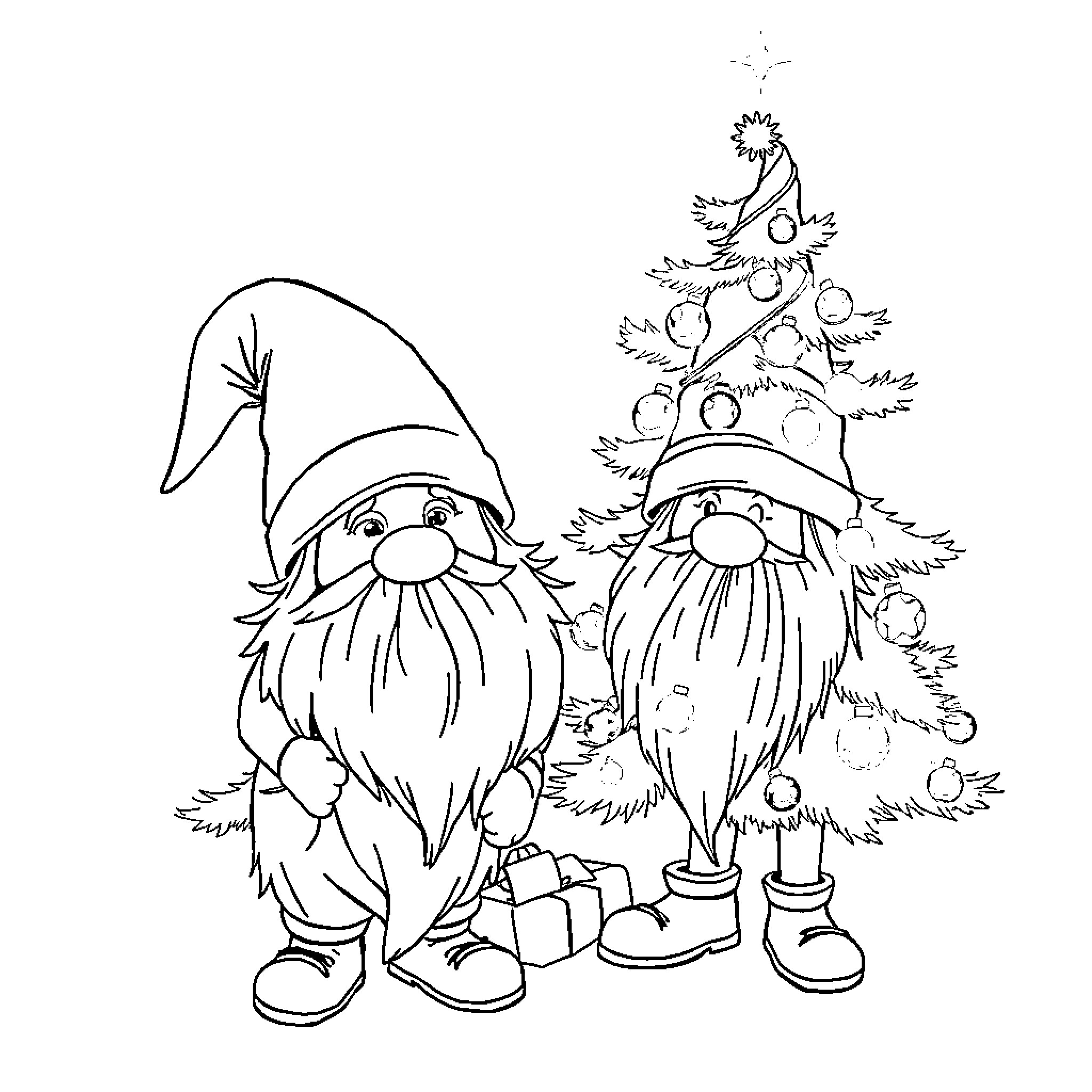 Gnome friends decorating holiday tree together Coloring Page (free black-and-white line drawing printable PDF for all, from beginners to advanced learners, including children, teens, adults, and seniors)