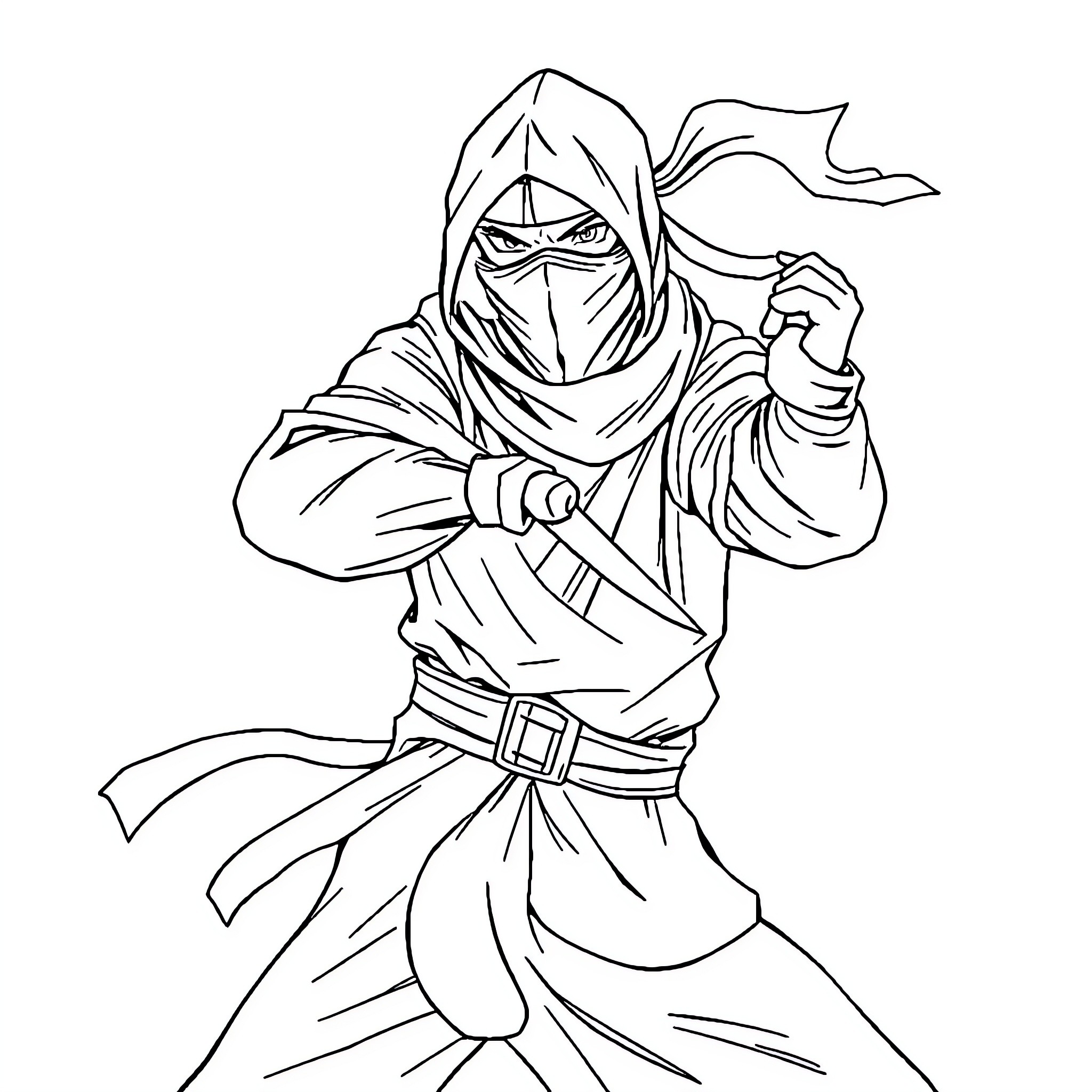 Ninja warrior in combat stance with sword drawn Coloring Page (free black-and-white line drawing printable PDF for all, from beginners to advanced learners, including children, teens, adults, and seniors)