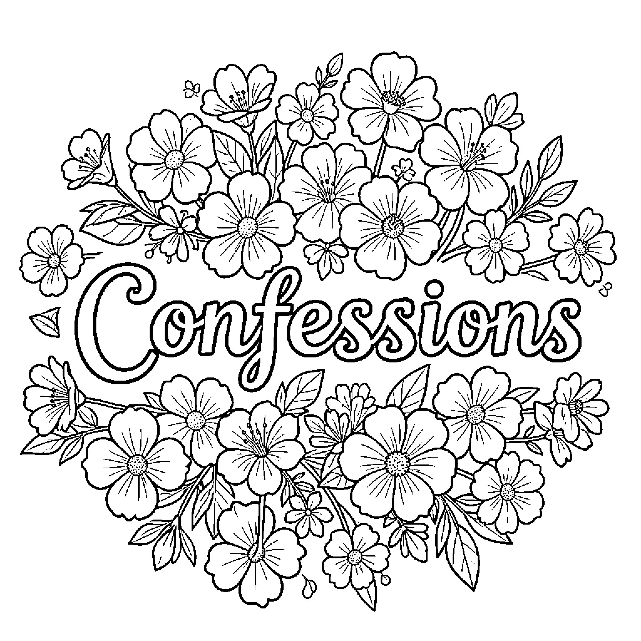 Confession written amidst a lush floral wreath Coloring Page (free black-and-white line drawing printable PDF for all, from beginners to advanced learners, including children, teens, adults, and seniors)