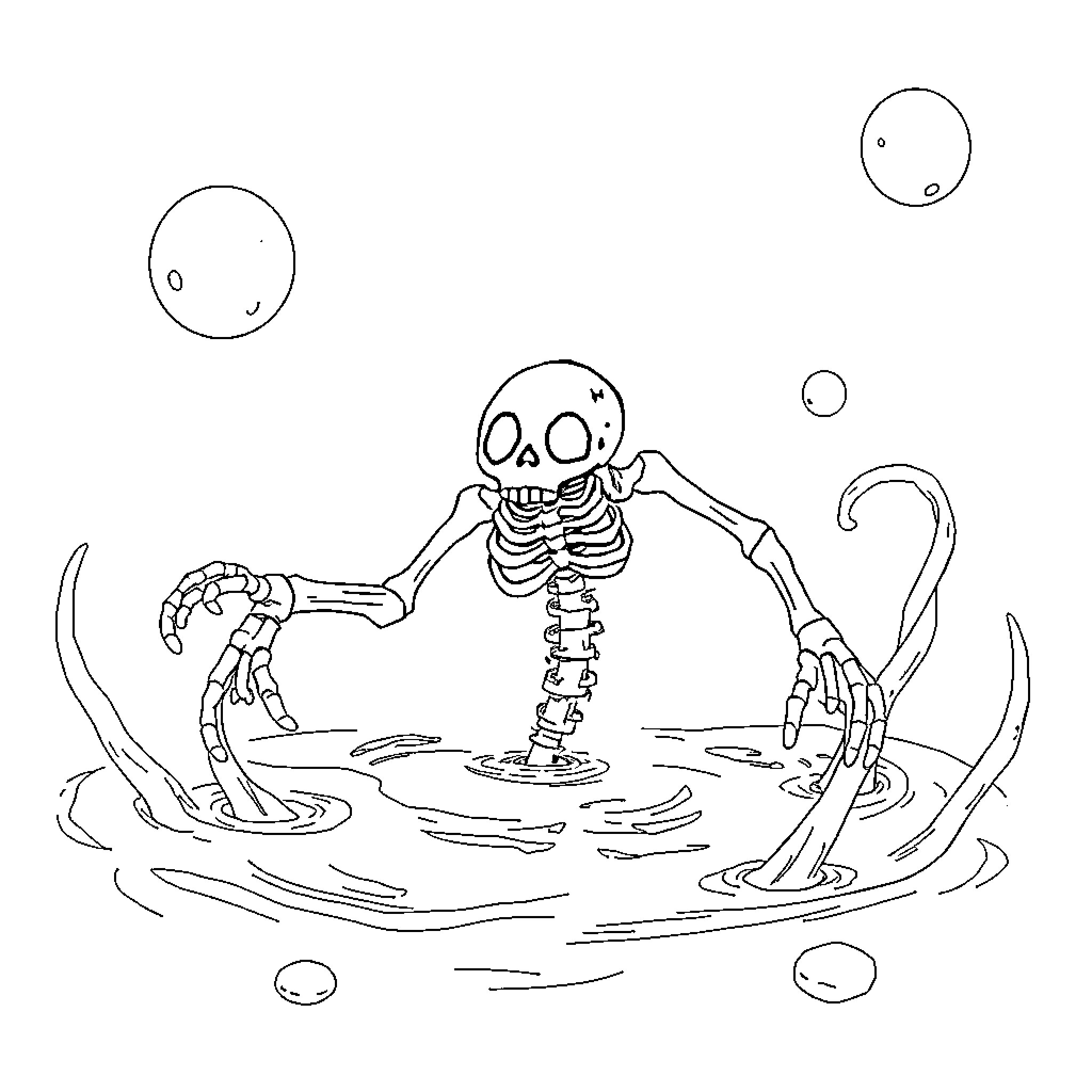Freddy's Spooky Skeleton Dance in the Haunting Pool Coloring Page (free black-and-white line drawing printable PDF for all, from beginners to advanced learners, including children, teens, adults, and seniors)