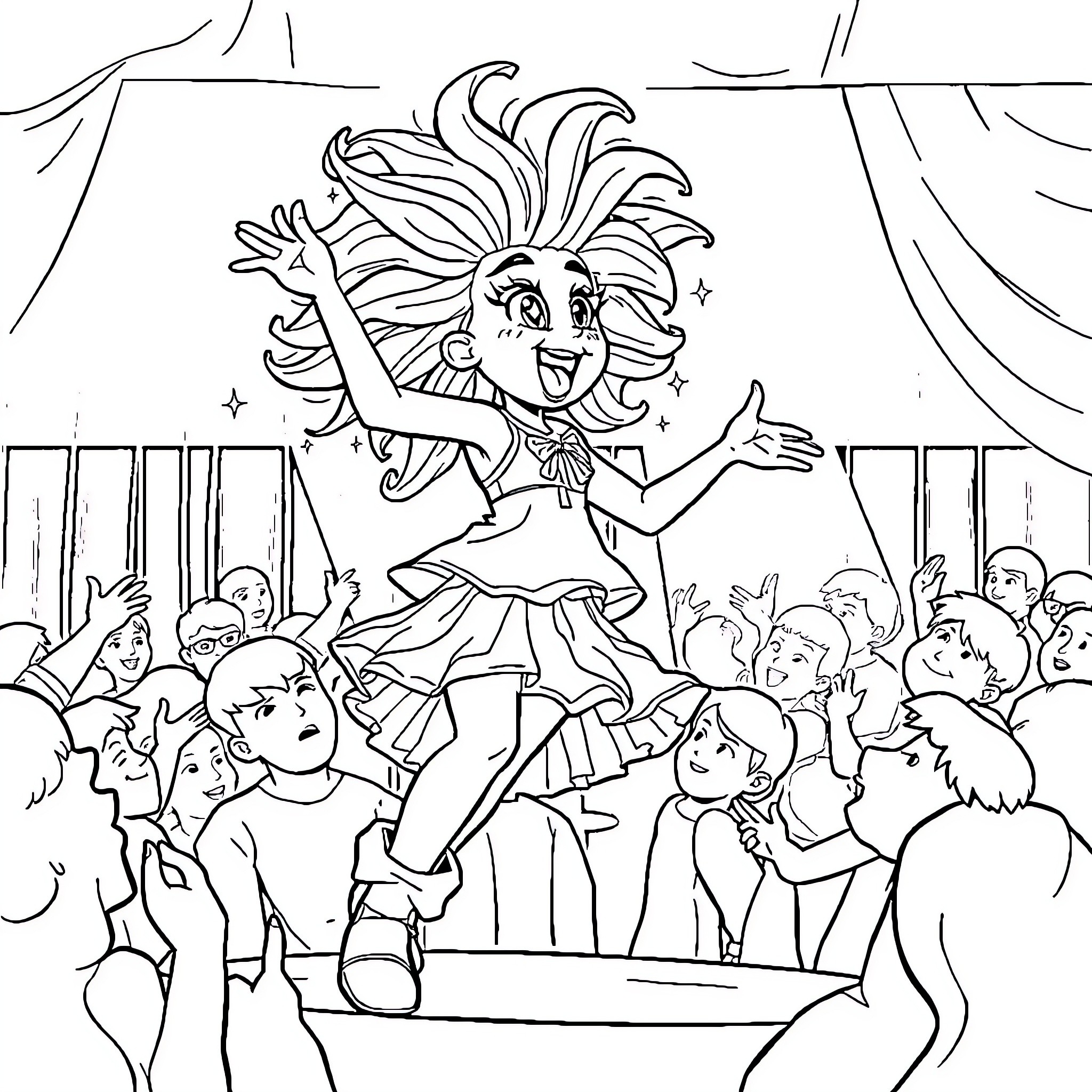 Iyo's Energetic Performance on Stage Coloring Page (free black-and-white line drawing printable PDF for all, from beginners to advanced learners, including children, teens, adults, and seniors)