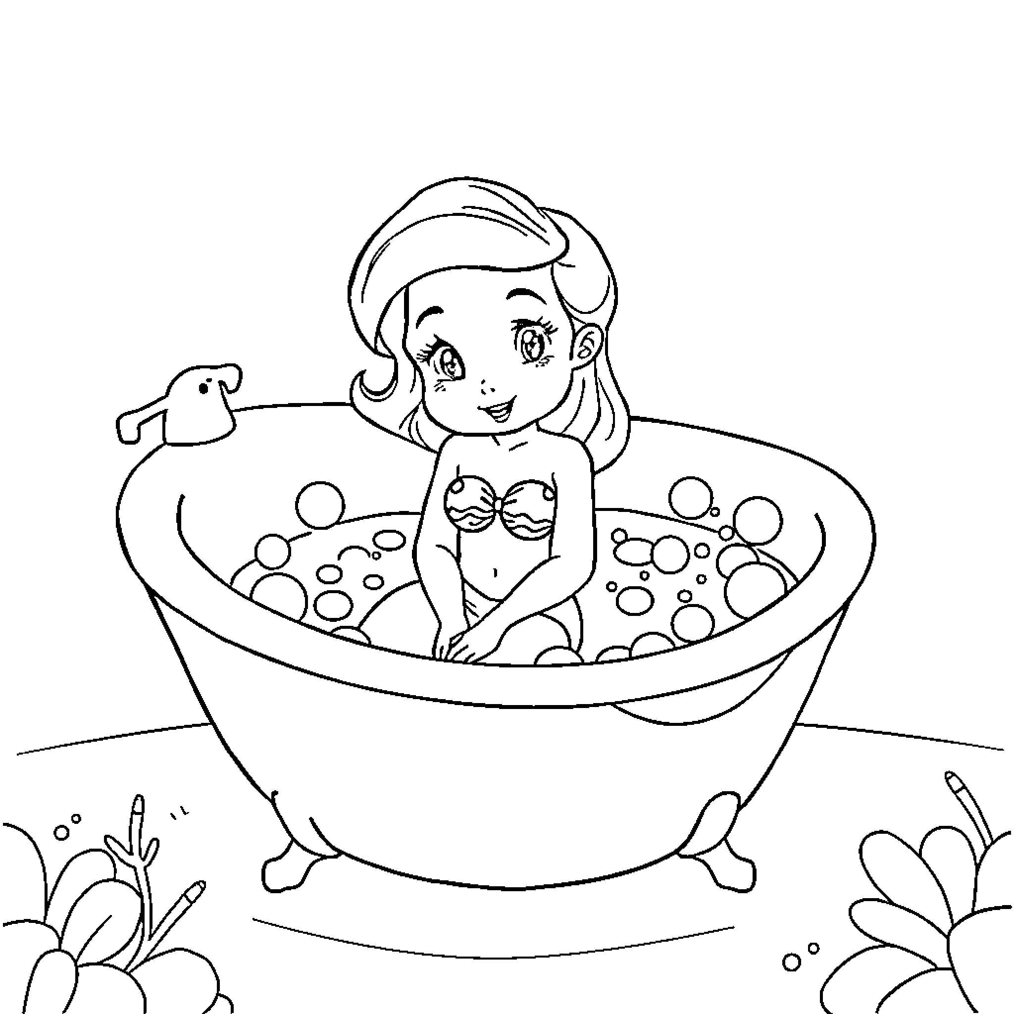 Mermaid relaxing in a bubble bath Coloring Page (free black-and-white line drawing printable PDF for all, from beginners to advanced learners, including children, teens, adults, and seniors)