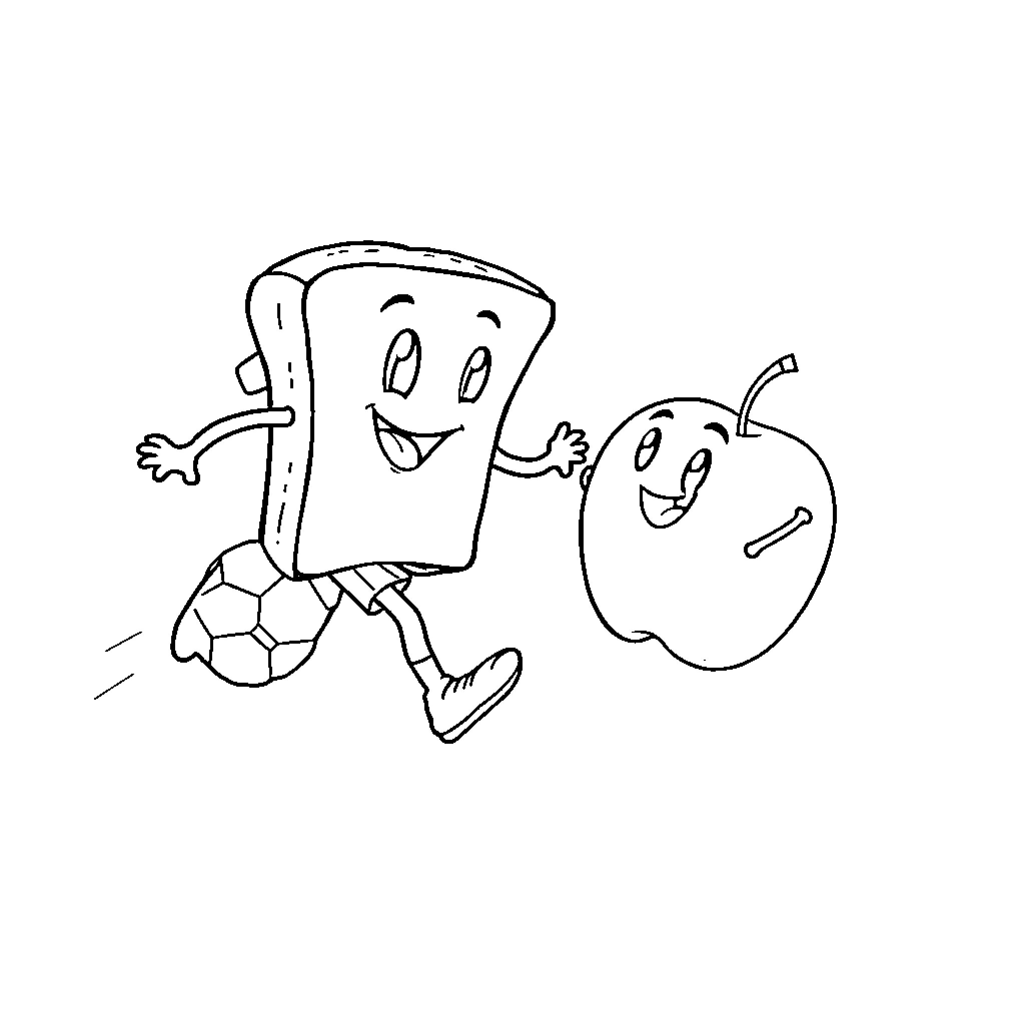 Sandwich running joyfully with apple Coloring Page (free black-and-white line drawing printable PDF for all, from beginners to advanced learners, including children, teens, adults, and seniors)
