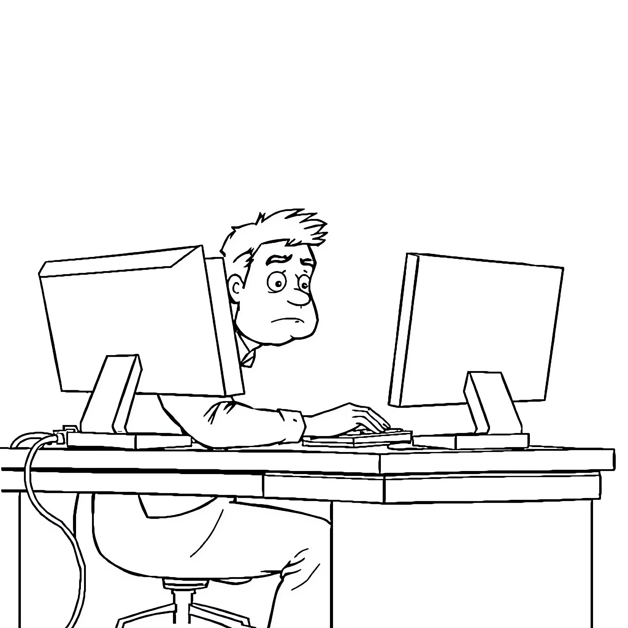 Man working diligently at computer desks Coloring Page (free black-and-white line drawing printable PDF for all, from beginners to advanced learners, including children, teens, adults, and seniors)