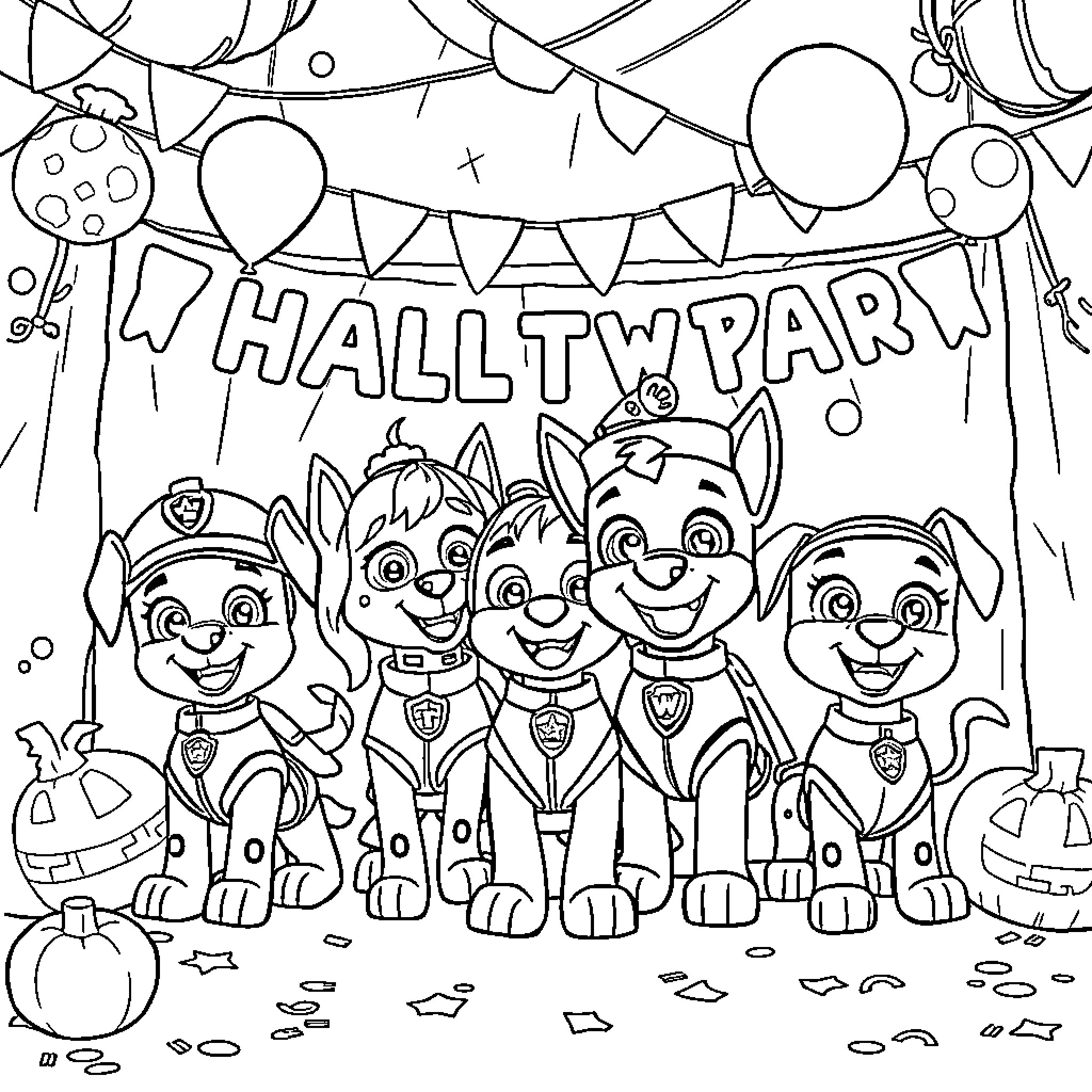 Paw Patrol Halloween Party Celebration Coloring Page (free black-and-white line drawing printable PDF for all, from beginners to advanced learners, including children, teens, adults, and seniors)