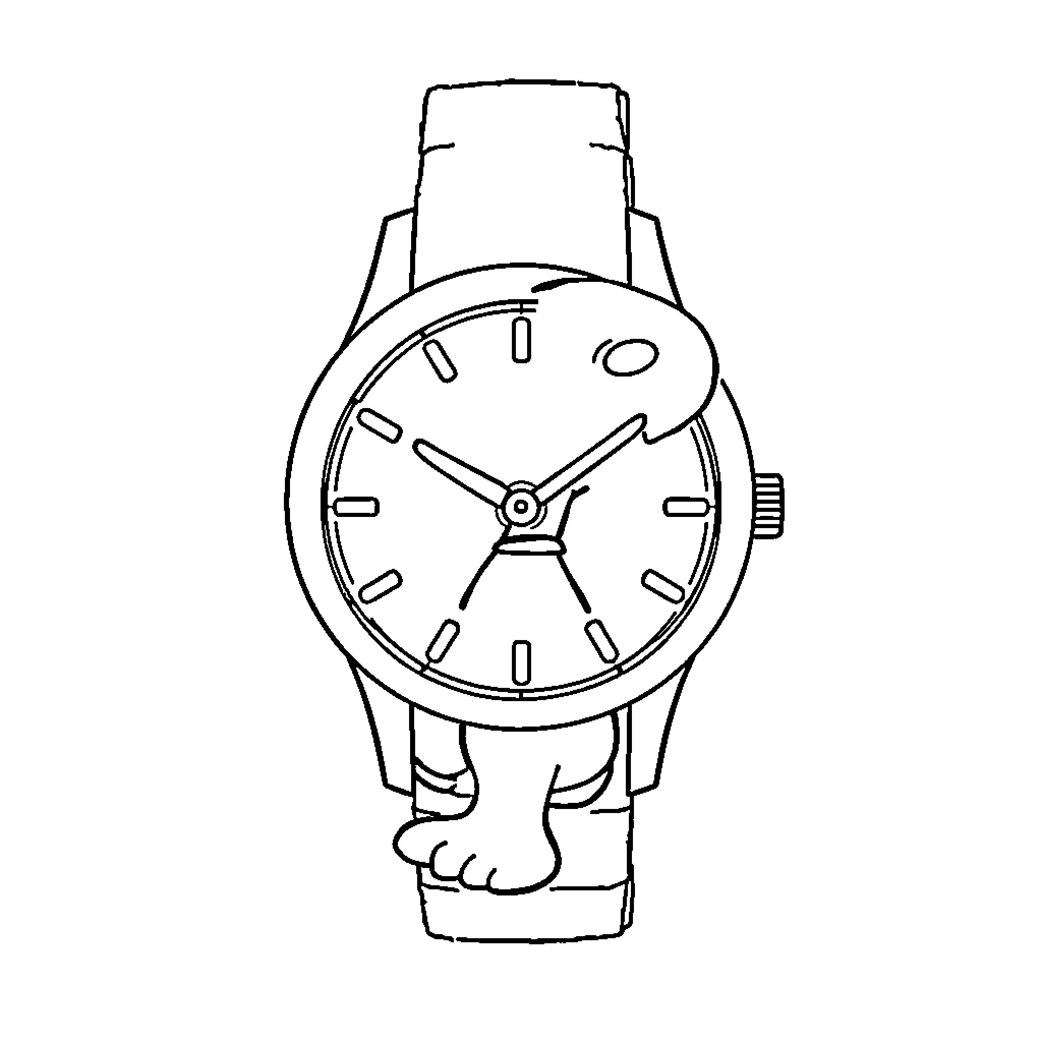 Snoopy wearing a wristwatch Coloring Page (free black-and-white line drawing printable PDF for all, from beginners to advanced learners, including children, teens, adults, and seniors)