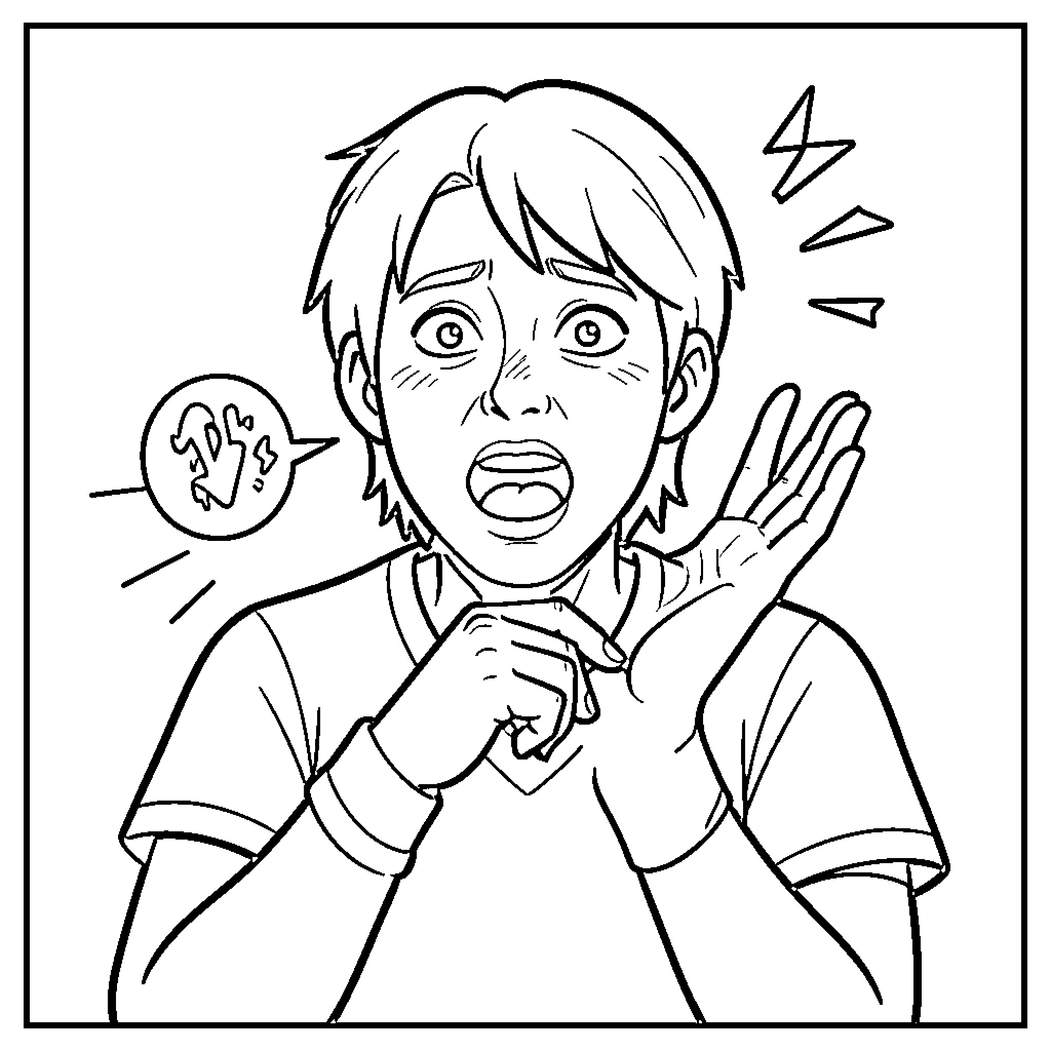 Person looking shocked and surprised with wide eyes Coloring Page (free black-and-white line drawing printable PDF for all, from beginners to advanced learners, including children, teens, adults, and seniors)